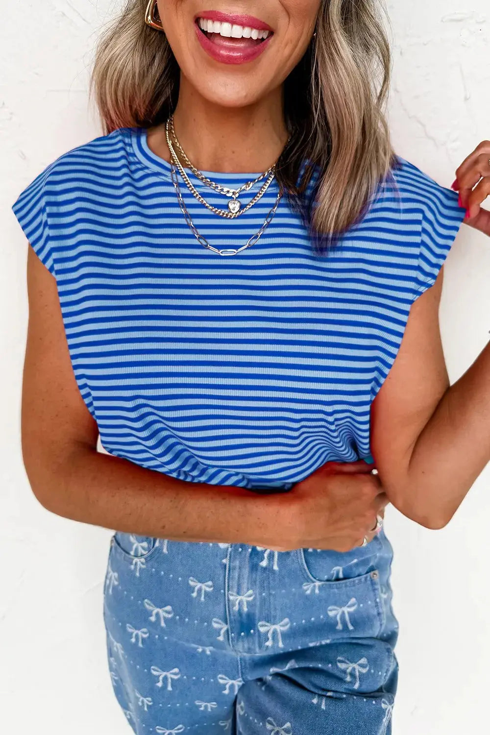 Striped Round Neck Cap Sleeve Slim Fit T Shirt - Be Bliss Boutique