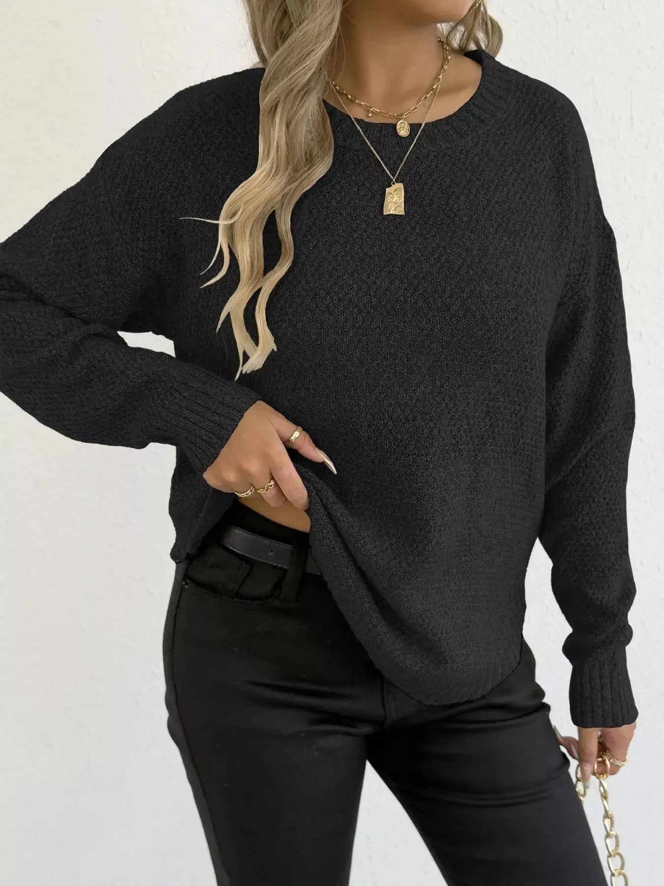 Round Neck Textured Knit Relaxed Fit Sweater - Be Bliss Boutique