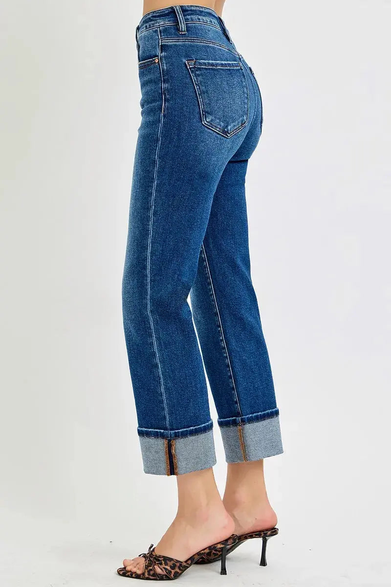 Full/Plus Size High Rise Ankle Straight Cuffed RISEN Jeans - Be Bliss Boutique