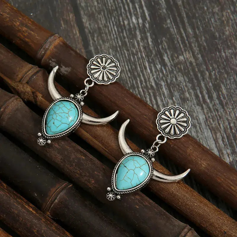 Western Cow Head Turquoise Statement Earrings - Be Bliss Boutique