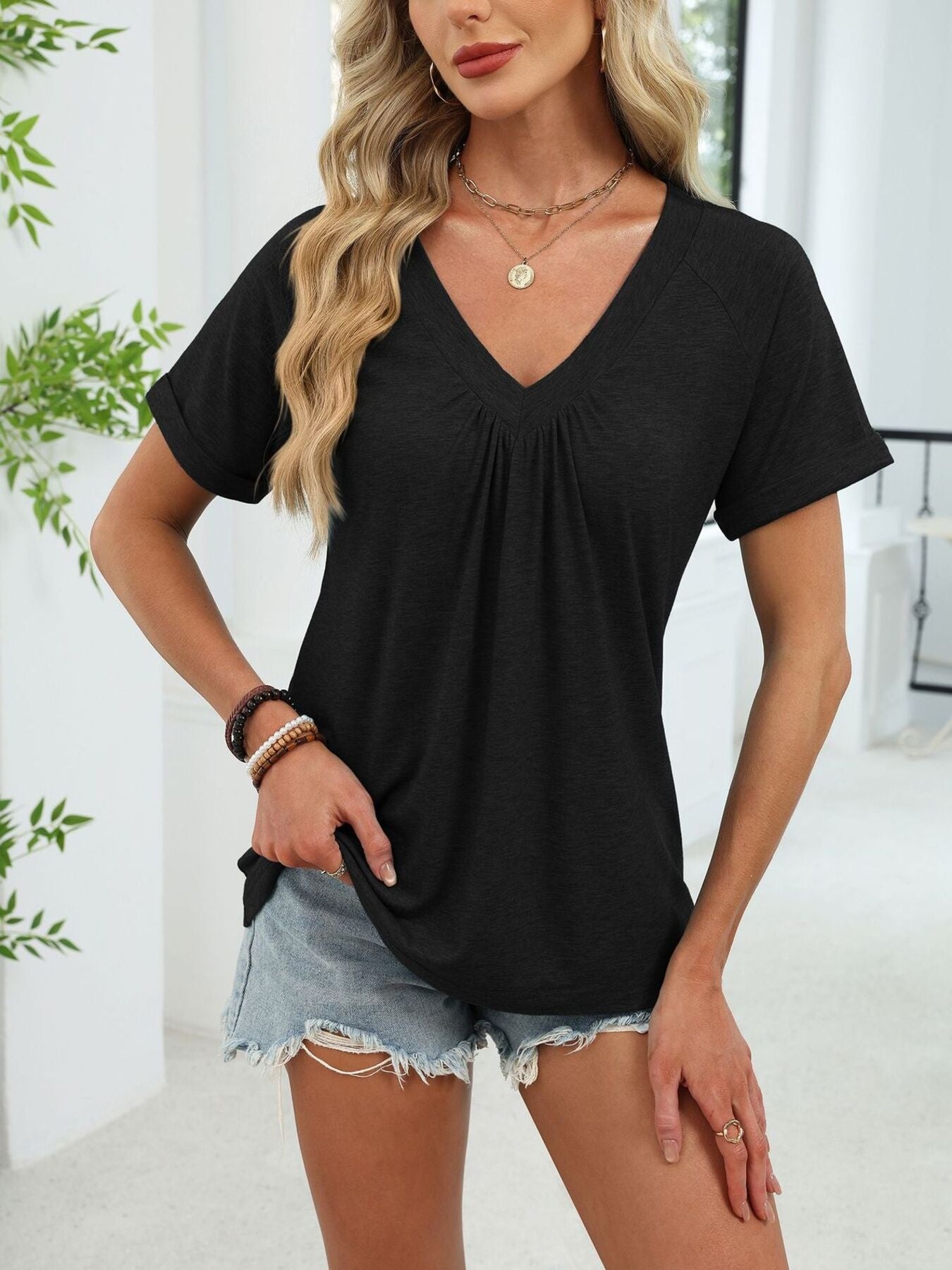 Women's Casual Ruched V Neck Short Sleeve T Shirt - Be Bliss Boutique