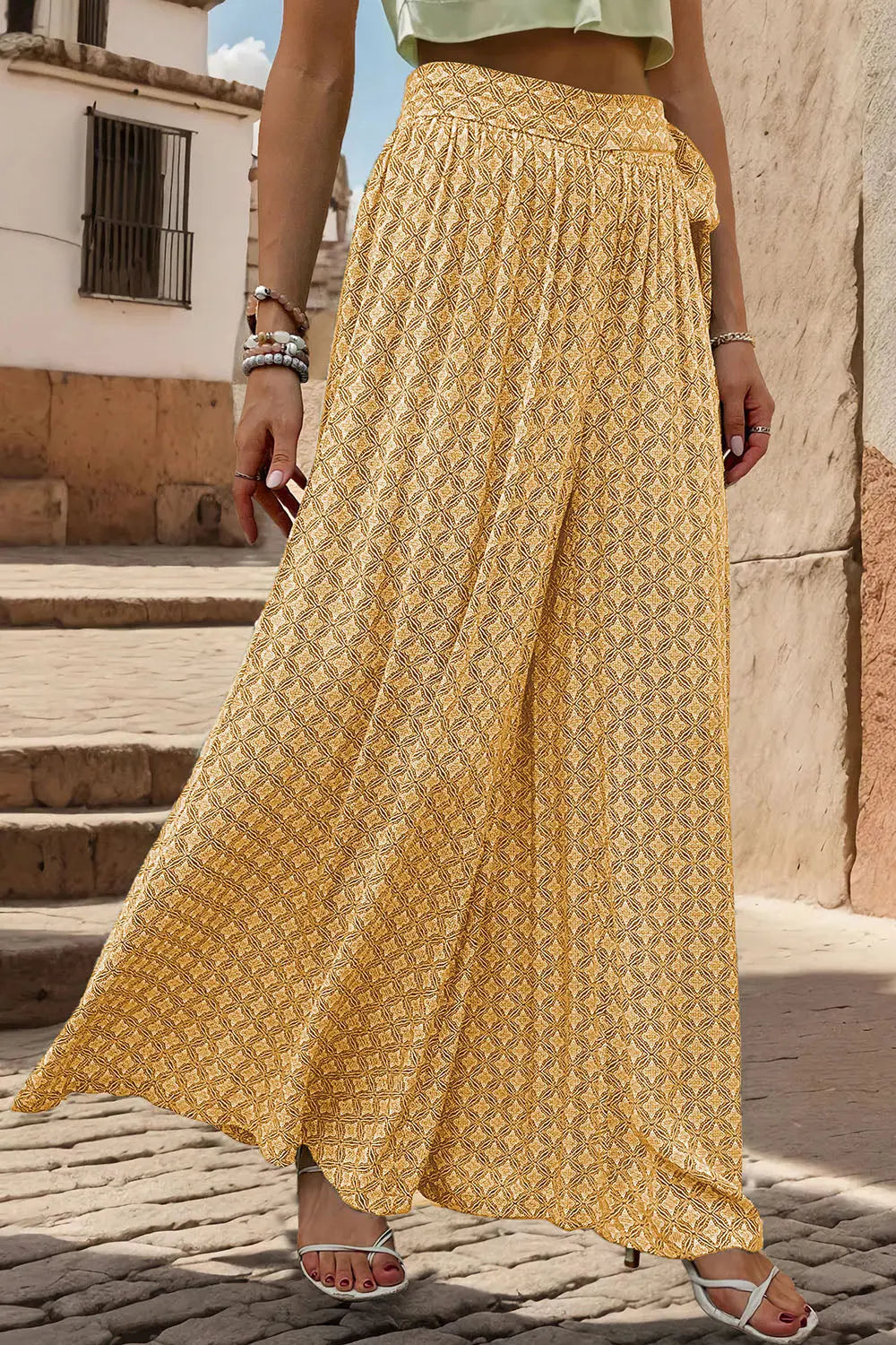 Printed Tied Wide Leg Pants - Be Bliss Boutique
