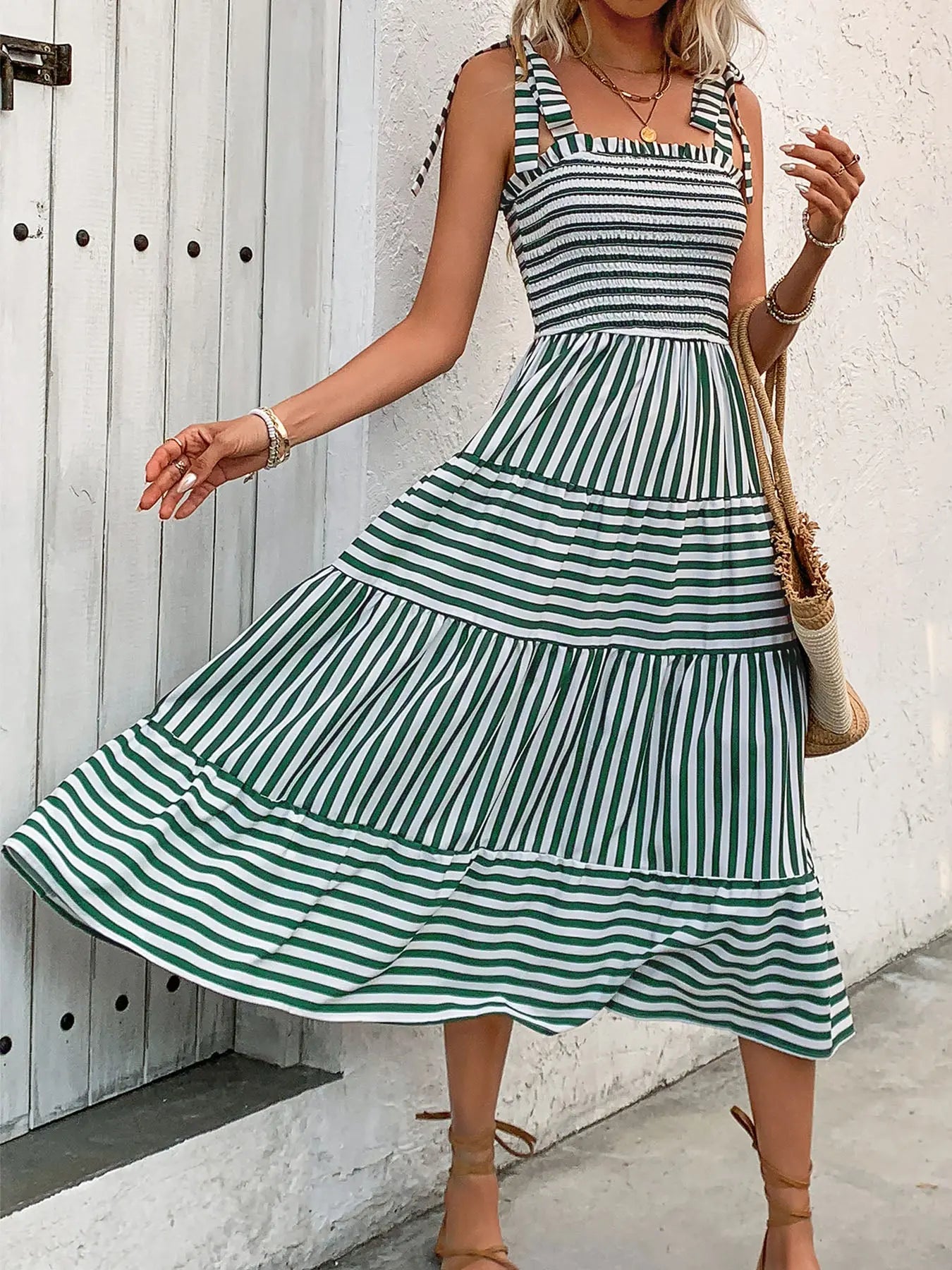 Smocked Striped Square Neck Midi Dress - Be Bliss Boutique