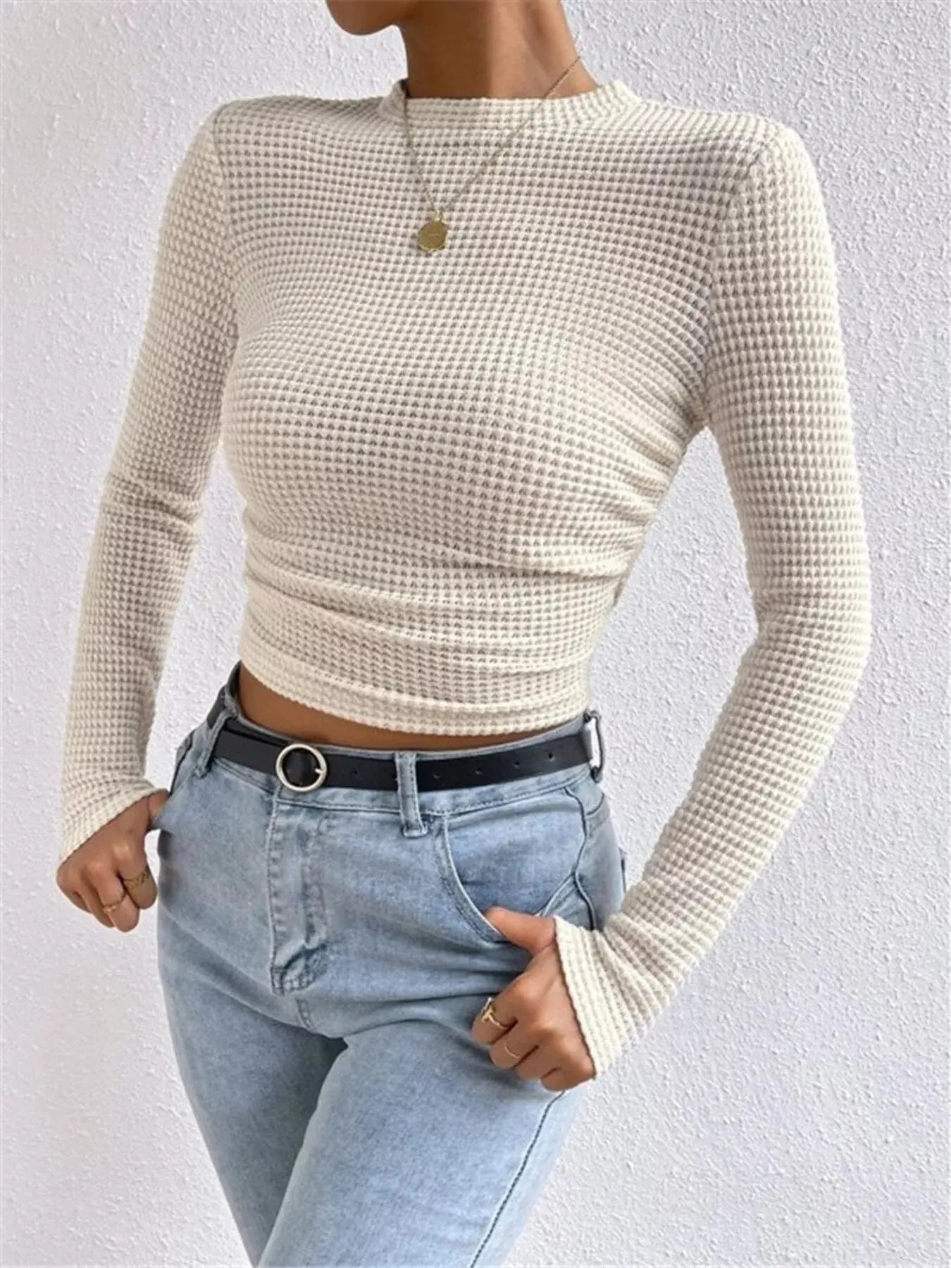 Waffle Knit Long Sleeve T Shirt - Be Bliss Boutique