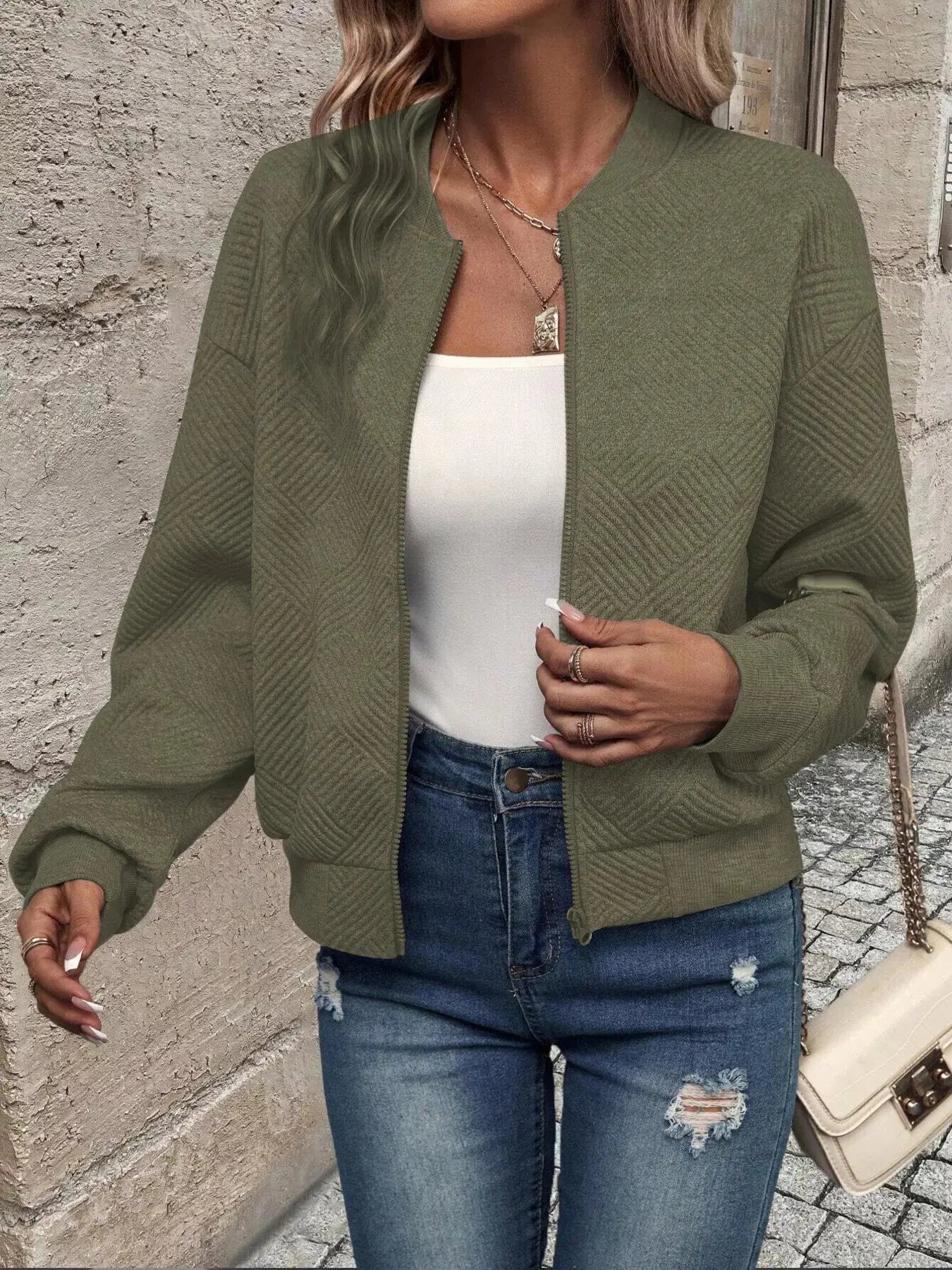 Texture Zip Up Bomber Jacket - Be Bliss Boutique