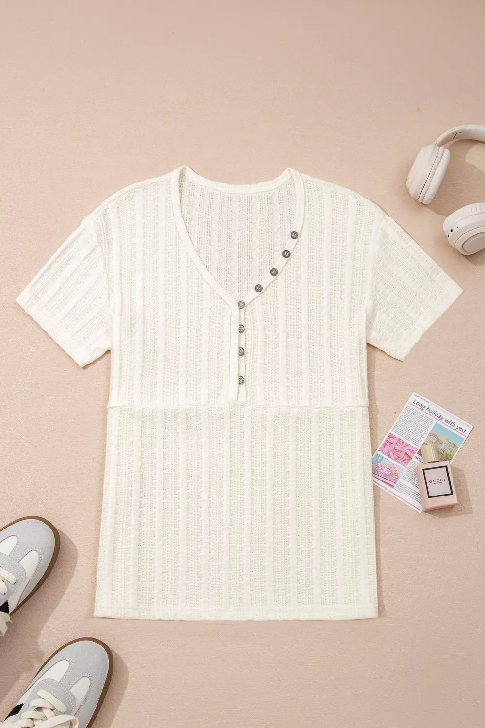 Ribbed Knit Button Detail V Neck T Shirt - Be Bliss Boutique