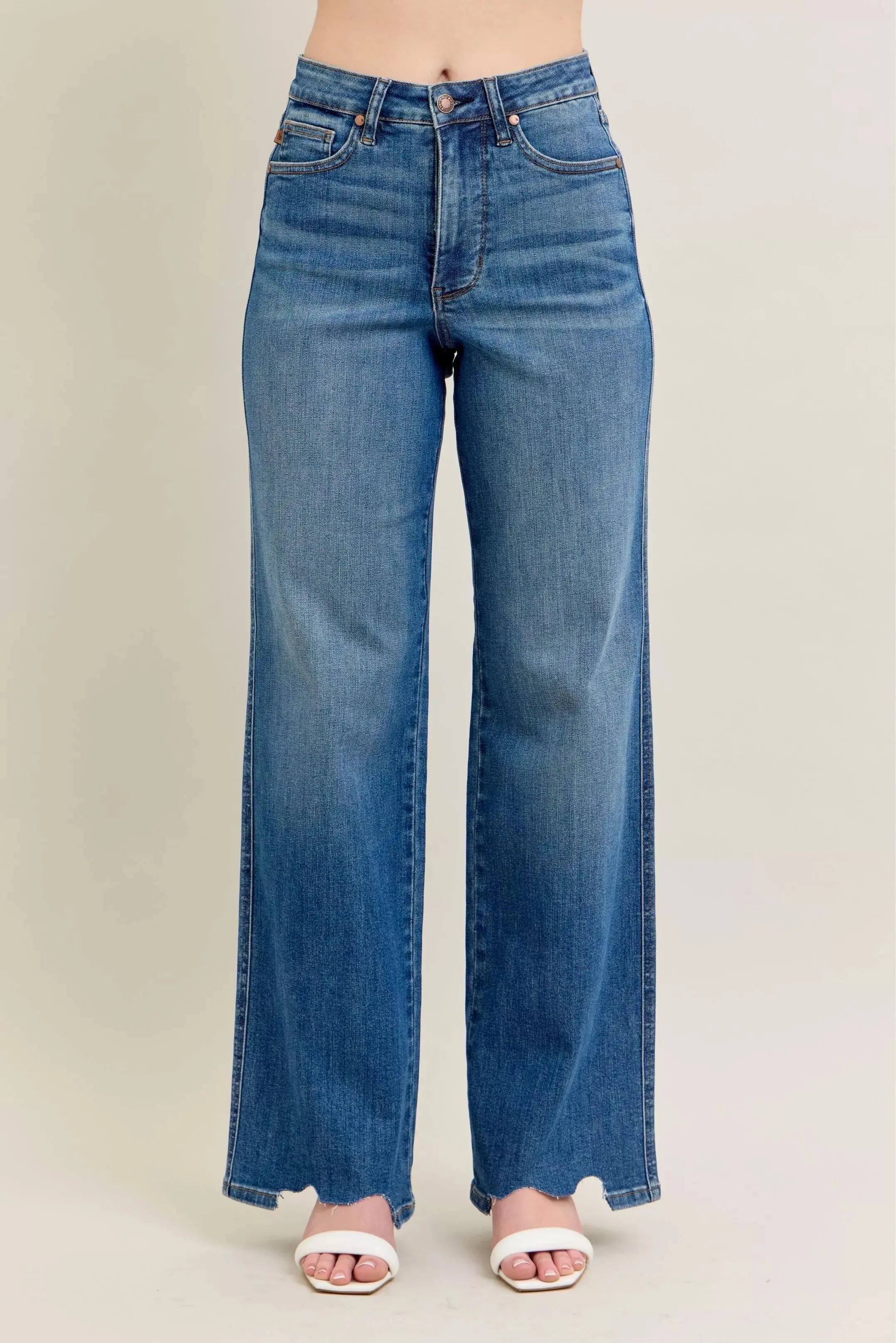 Judy Blue Full Size High Waist Tummy Control Destroy Wide Leg Jeans with Chew Hem - Be Bliss Boutique