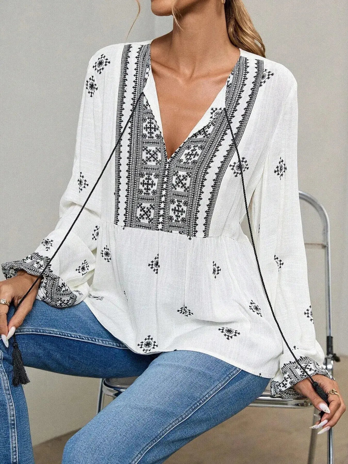 Tie Front Long Sleeve Boho Blouse - Be Bliss Boutique
