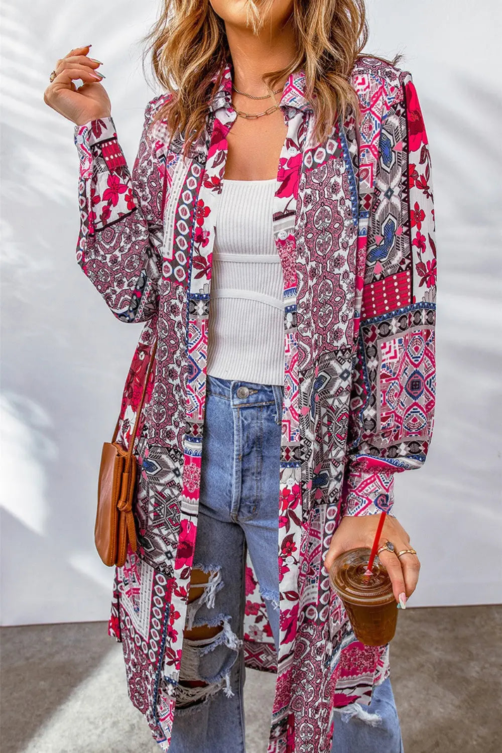 Printed Button Up Long Sleeve Cardigan - Be Bliss Boutique