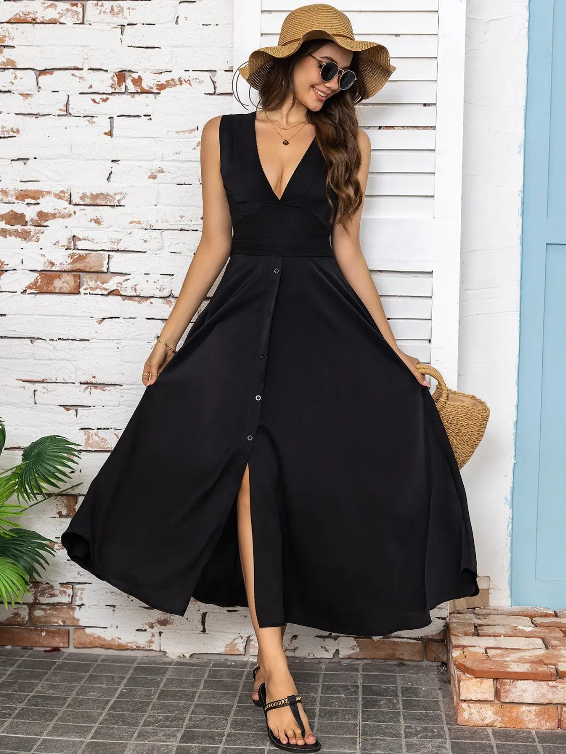 Full Size Slit V-Neck Sleeveless Midi Dress - Be Bliss Boutique