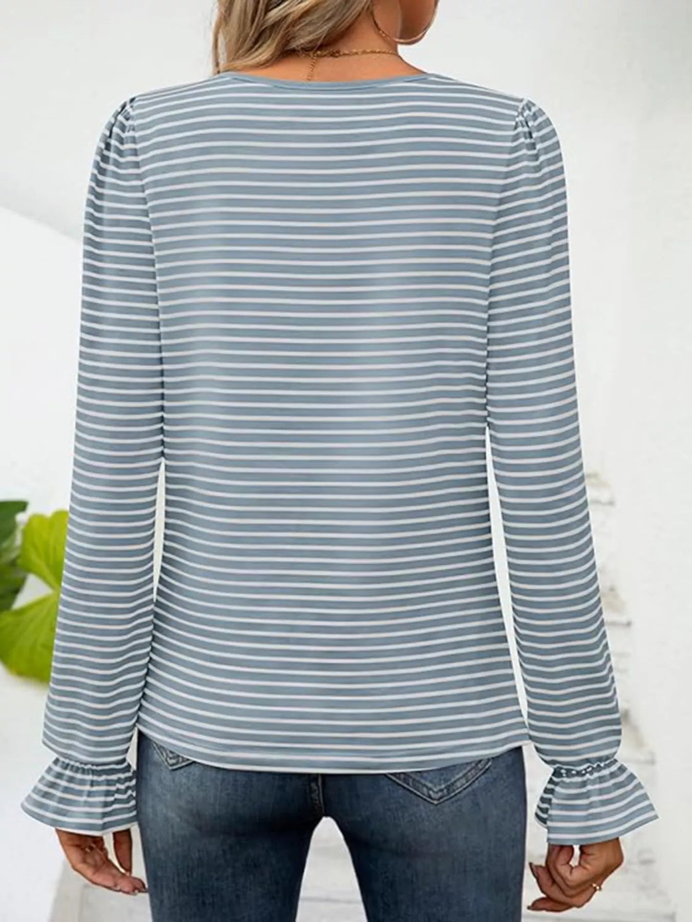 Striped Long Sleeve T-Shirt with Square Neckline - Be Bliss Boutique