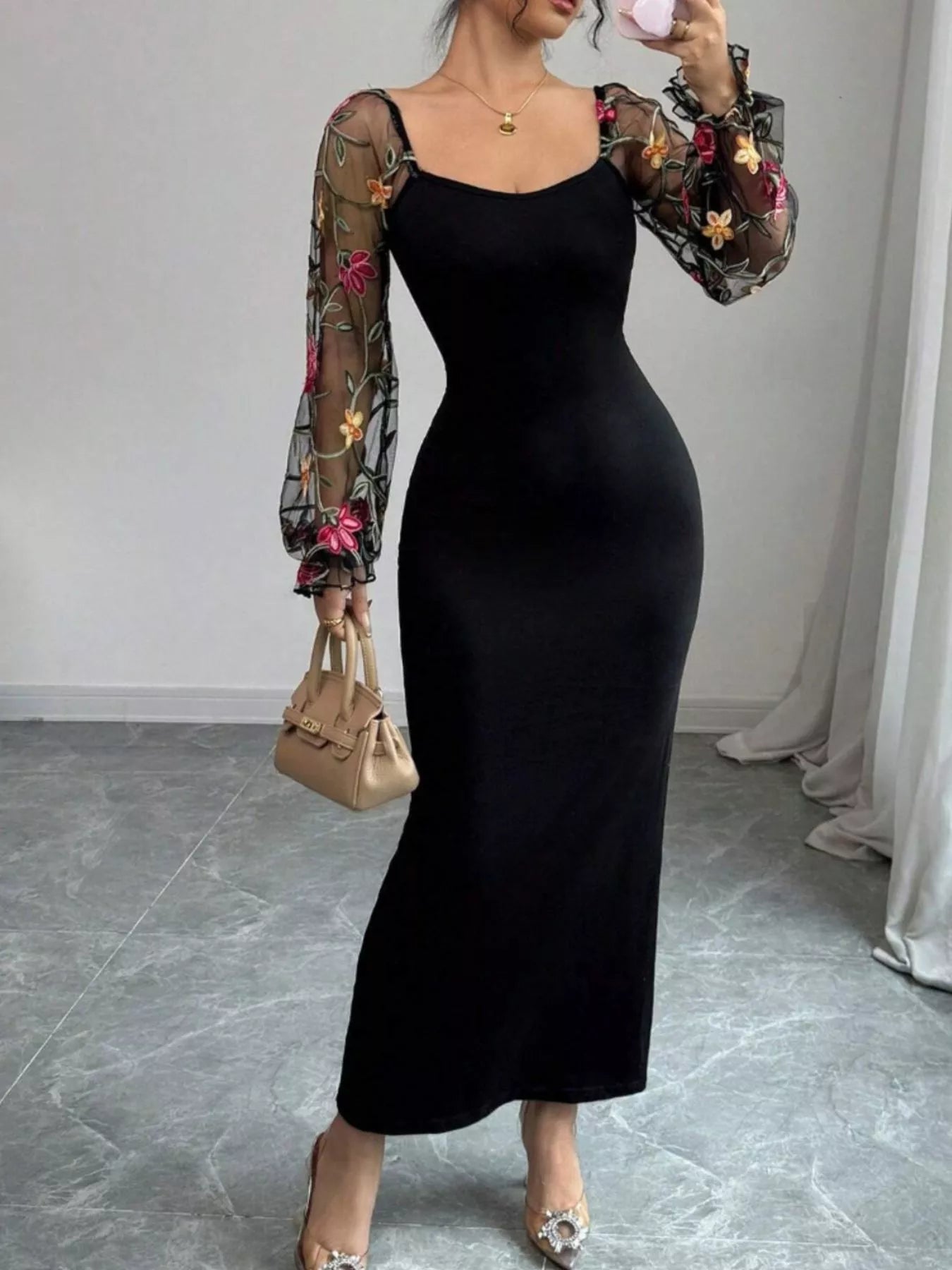 Sheer Floral Mesh Sleeves Black Bodycon Dress - Be Bliss Boutique