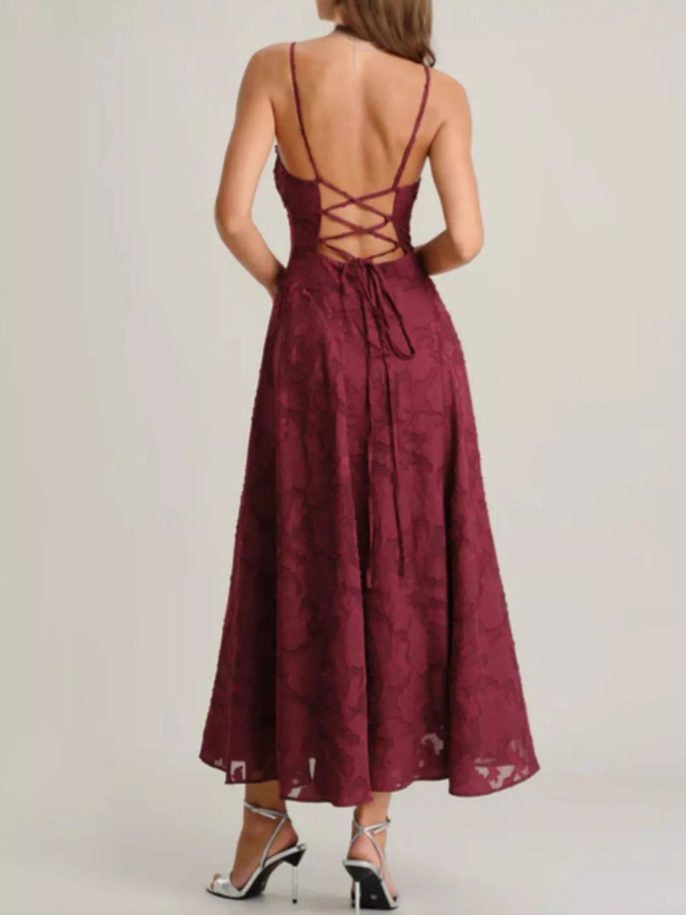 Lace-Up Back Floral Lace Spaghetti Strap Maxi Dress - Be Bliss Boutique