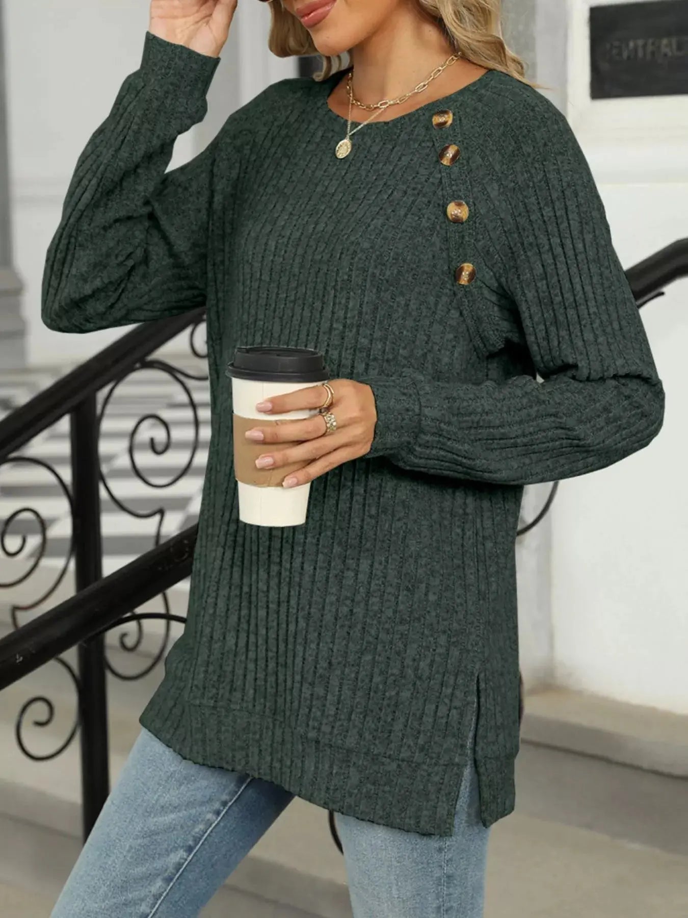 Cozy Chic Ribbed Button Detail Long Sleeve Tunic - Be Bliss Boutique