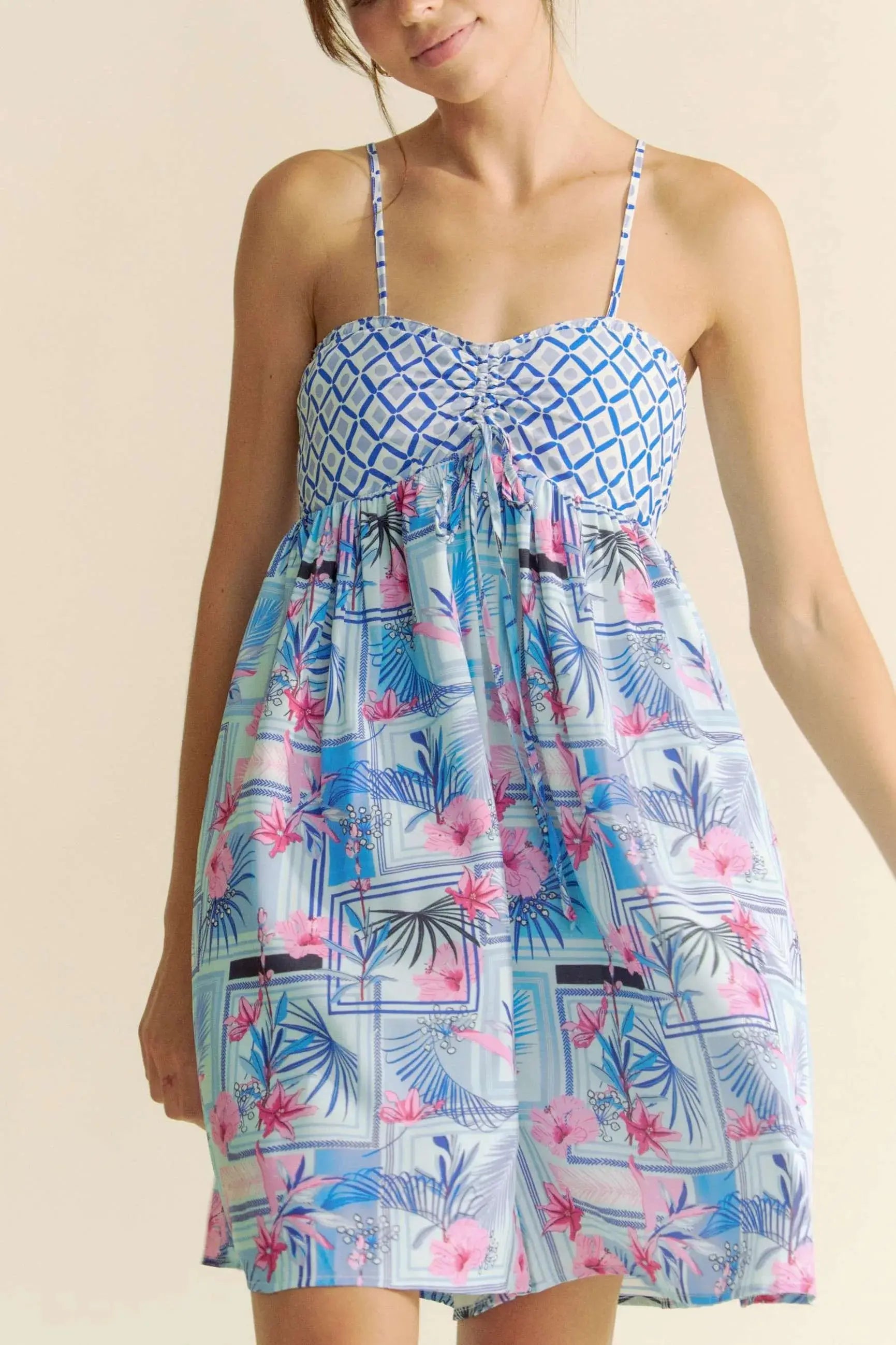 Davi & Dani Tropical Floral Geo Print Tie Back Tube Top Romper - Be Bliss Boutique
