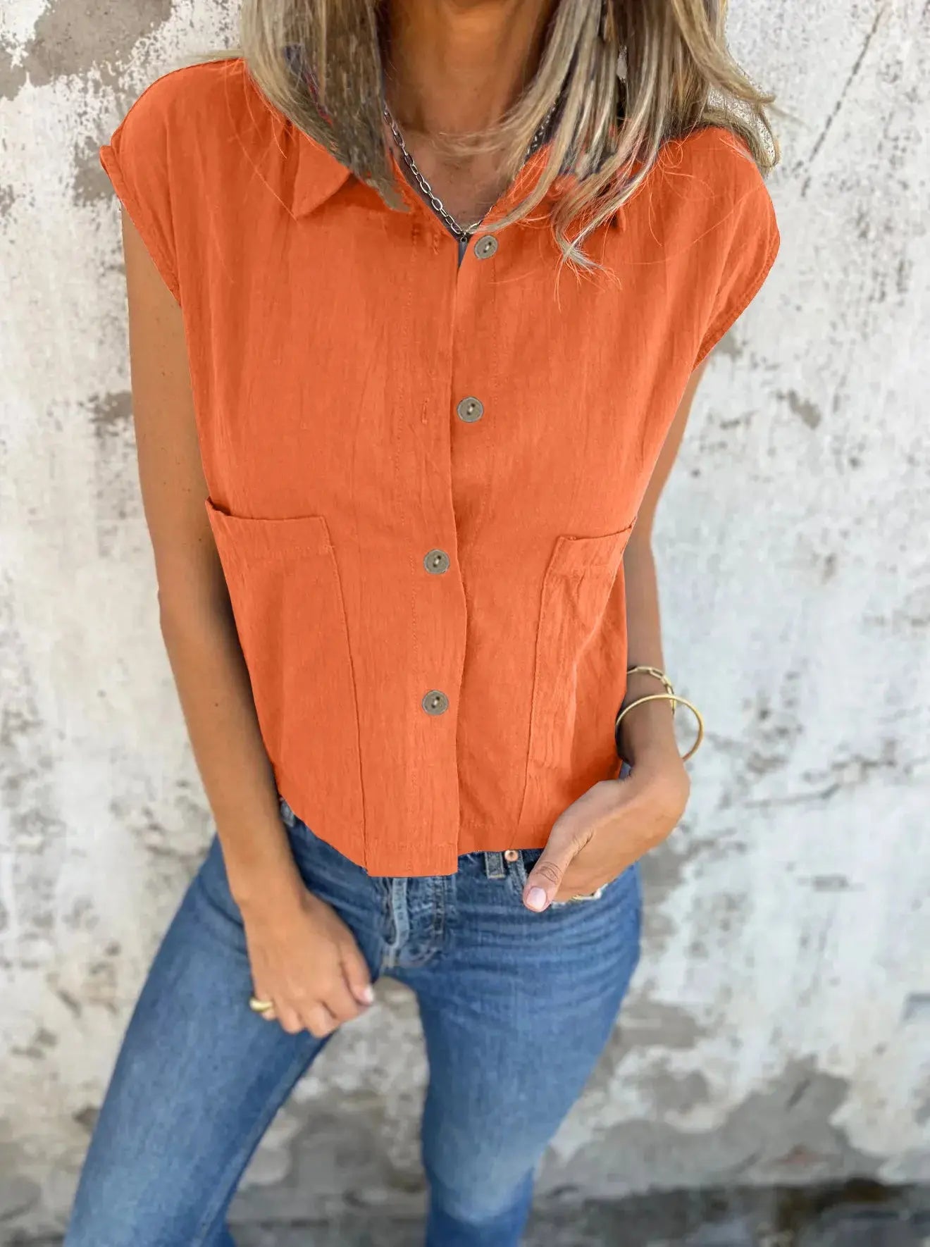 Full Size Cap Sleeve Button Down Linen Shirt - Be Bliss Boutique
