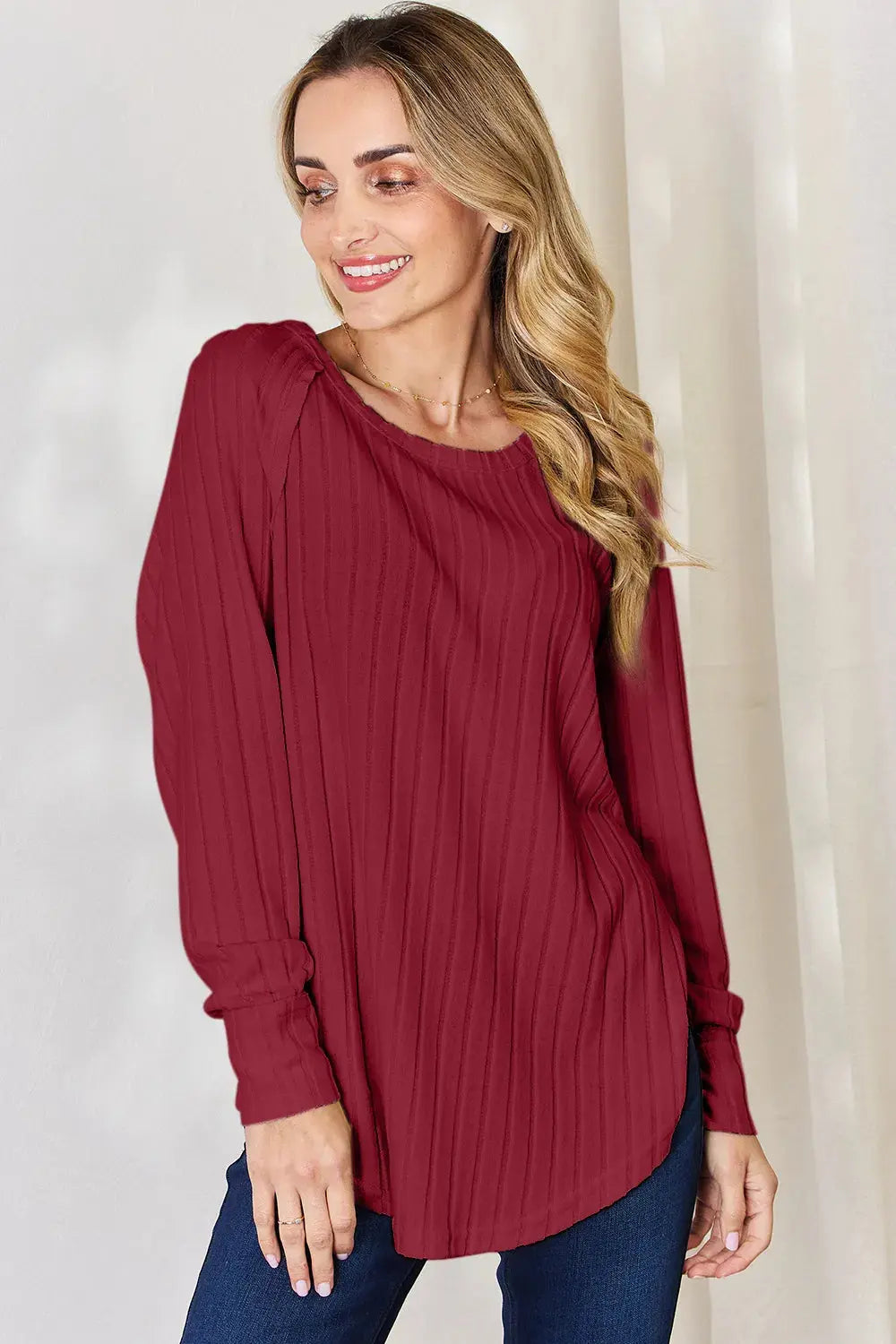Basic Bae Ribbed Round Neck Slit Womens Long Sleeve T Shirt – Full & Plus Size - Be Bliss Boutique