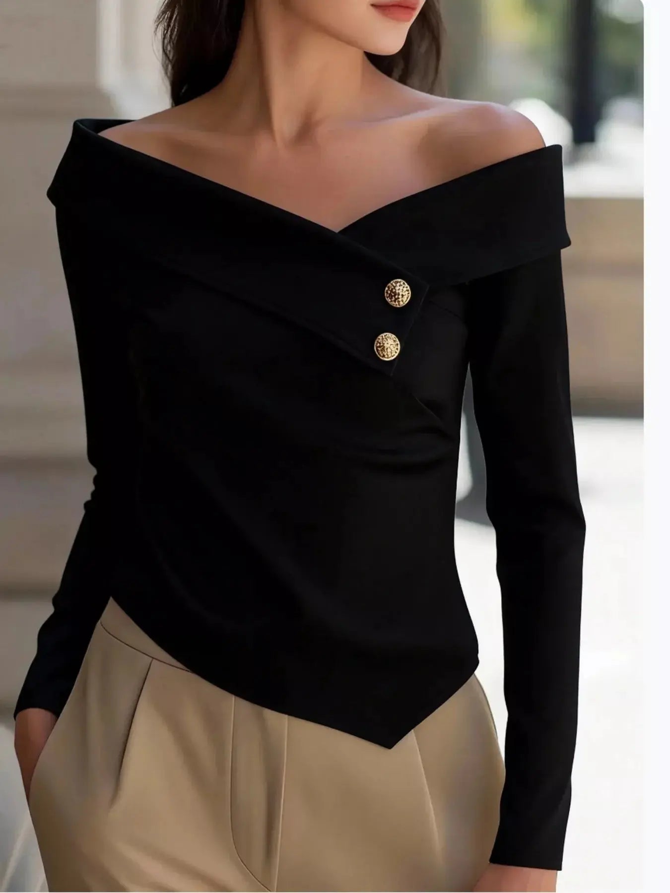 Decorative Button Off Shoulder Blouse - Be Bliss Boutique