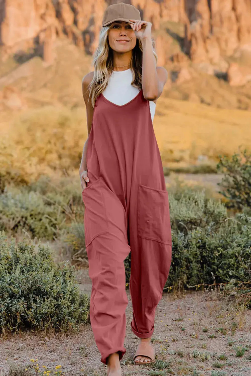 Double Take Full Size V-Neck Sleeveless Jumpsuit with Pockets - Be Bliss Boutique