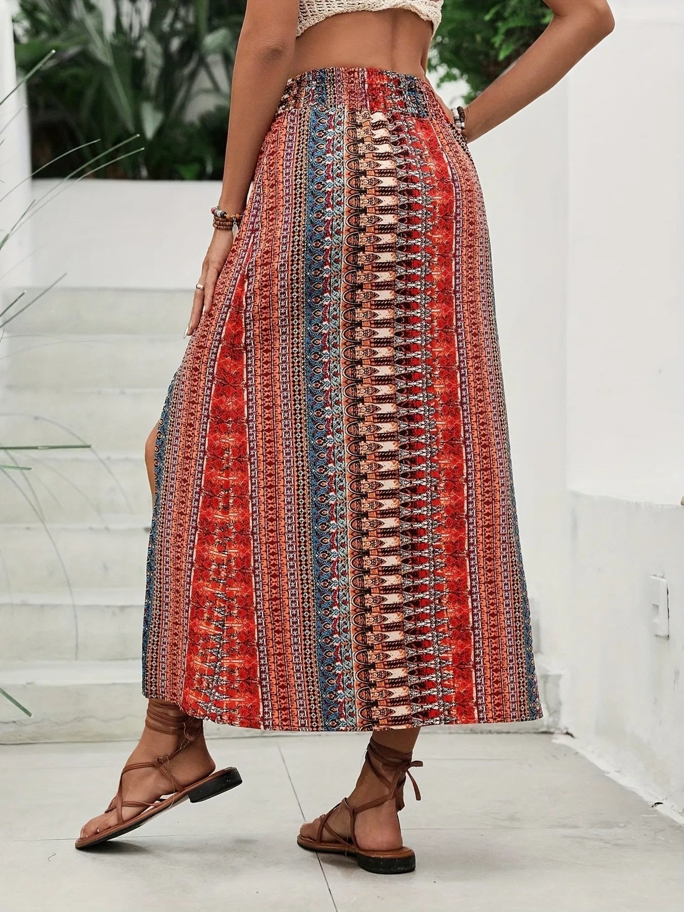 High Waist Side Slit Bohemian Maxi Skirt – Red Ethnic Print - Be Bliss Boutique