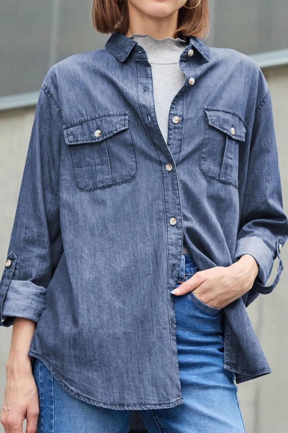 Pocketed Collared Neck Long Sleeve Denim Top - Be Bliss Boutique