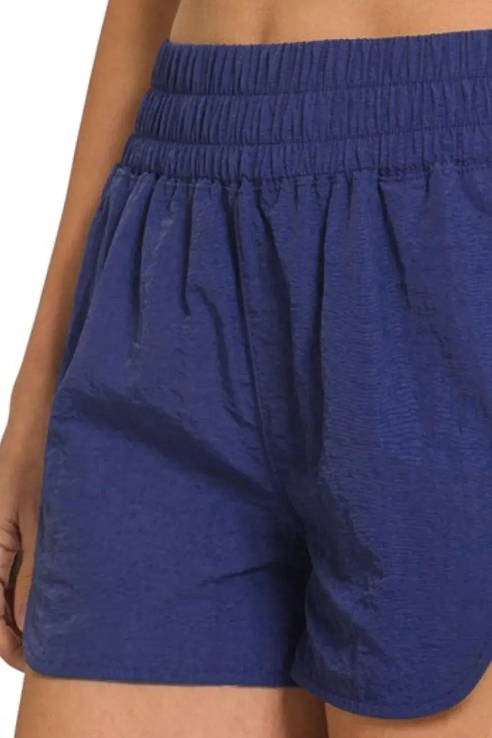 Zenana Navy Windbreaker Smocked Waistband Women's Running Shorts - Be Bliss Boutique