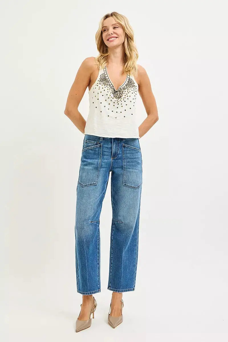 RISEN Jeans - 4 Way Stretch Mid Rise Barrel Jeans with Patch Pocket Detail - Be Bliss Boutique