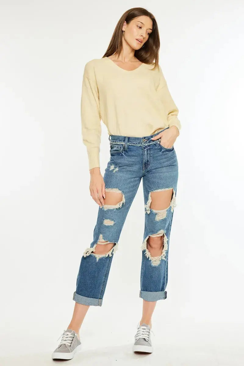 Distressed Mid Rise True Kancan Boyfriend Jeans - Be Bliss Boutique