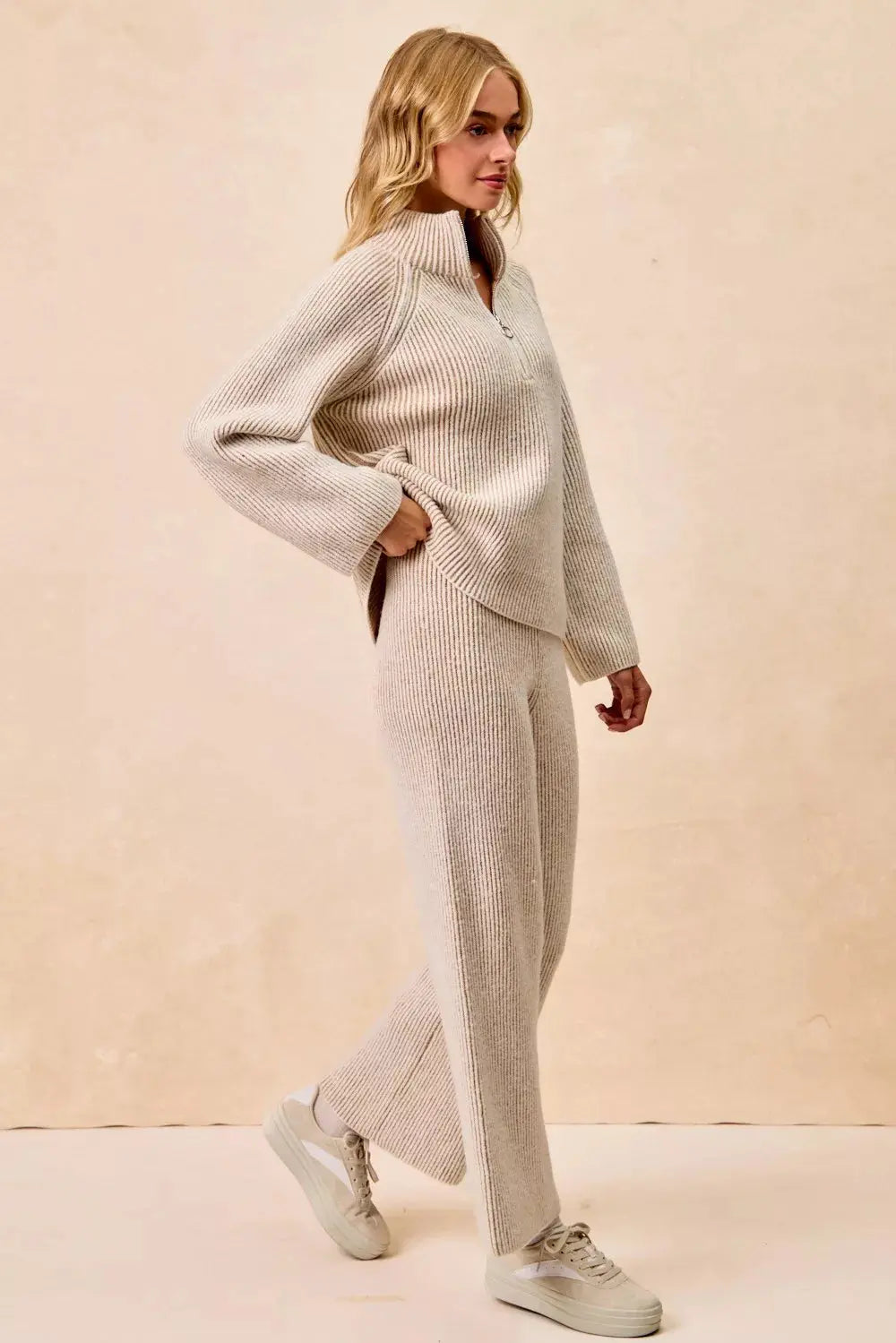BiBi Two Tone Ribbed Textured Knit Sweater with Zip Up Collar - Be Bliss Boutique