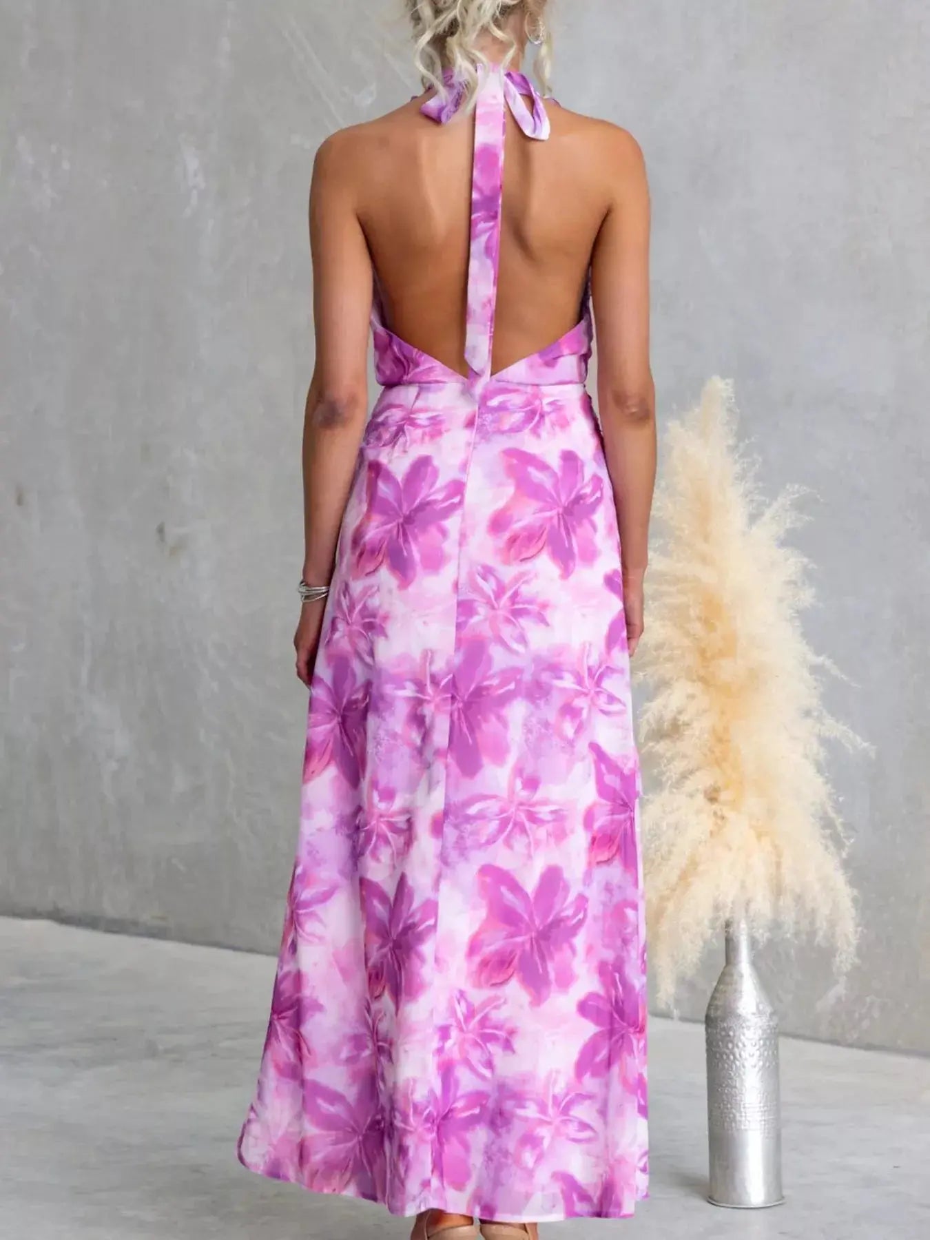 Floral Print Ruffle Halter Neck Maxi Dress - Be Bliss Boutique