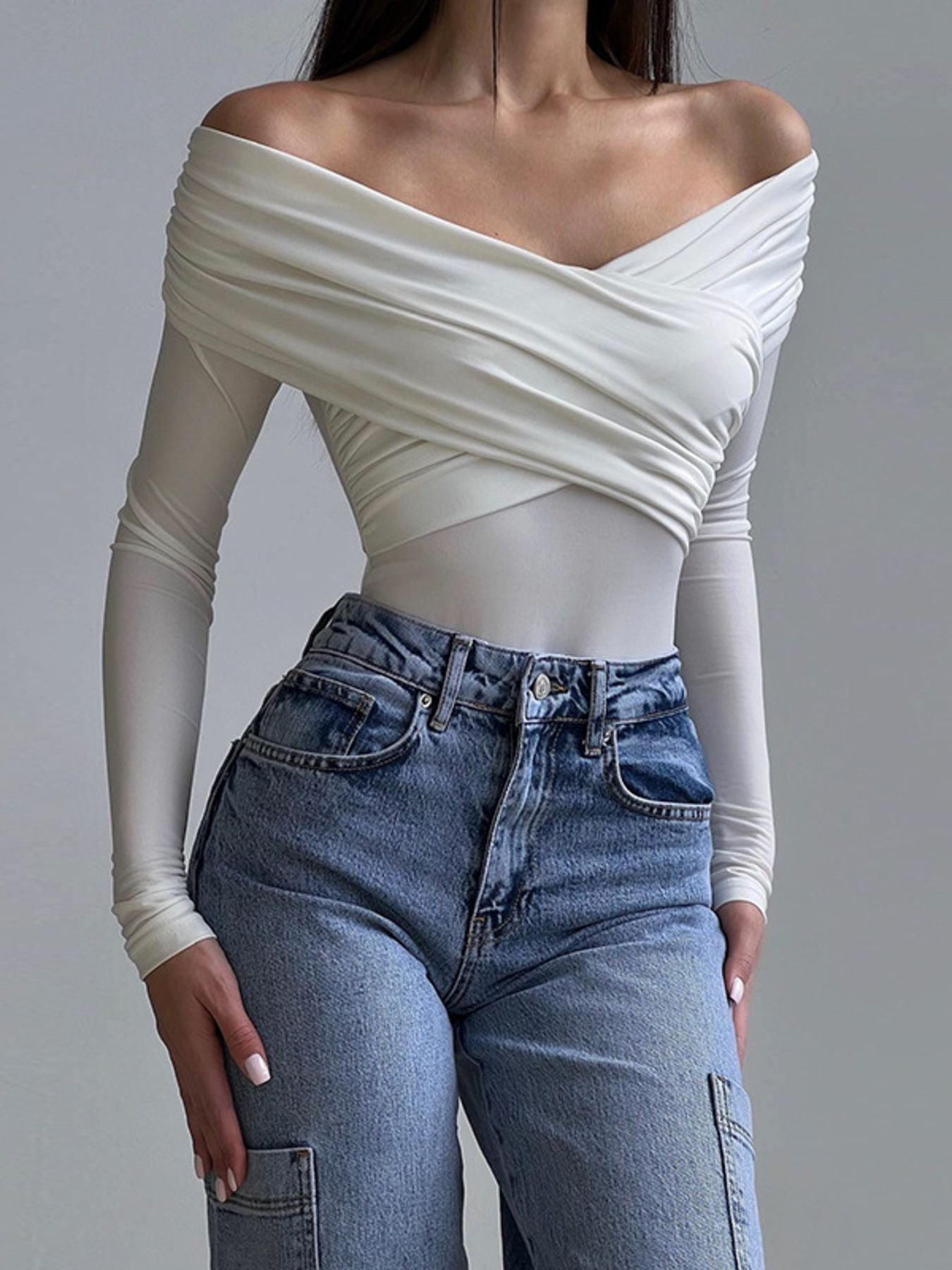 Off-Shoulder Ruched Long Sleeve Bodysuit - Be Bliss Boutique