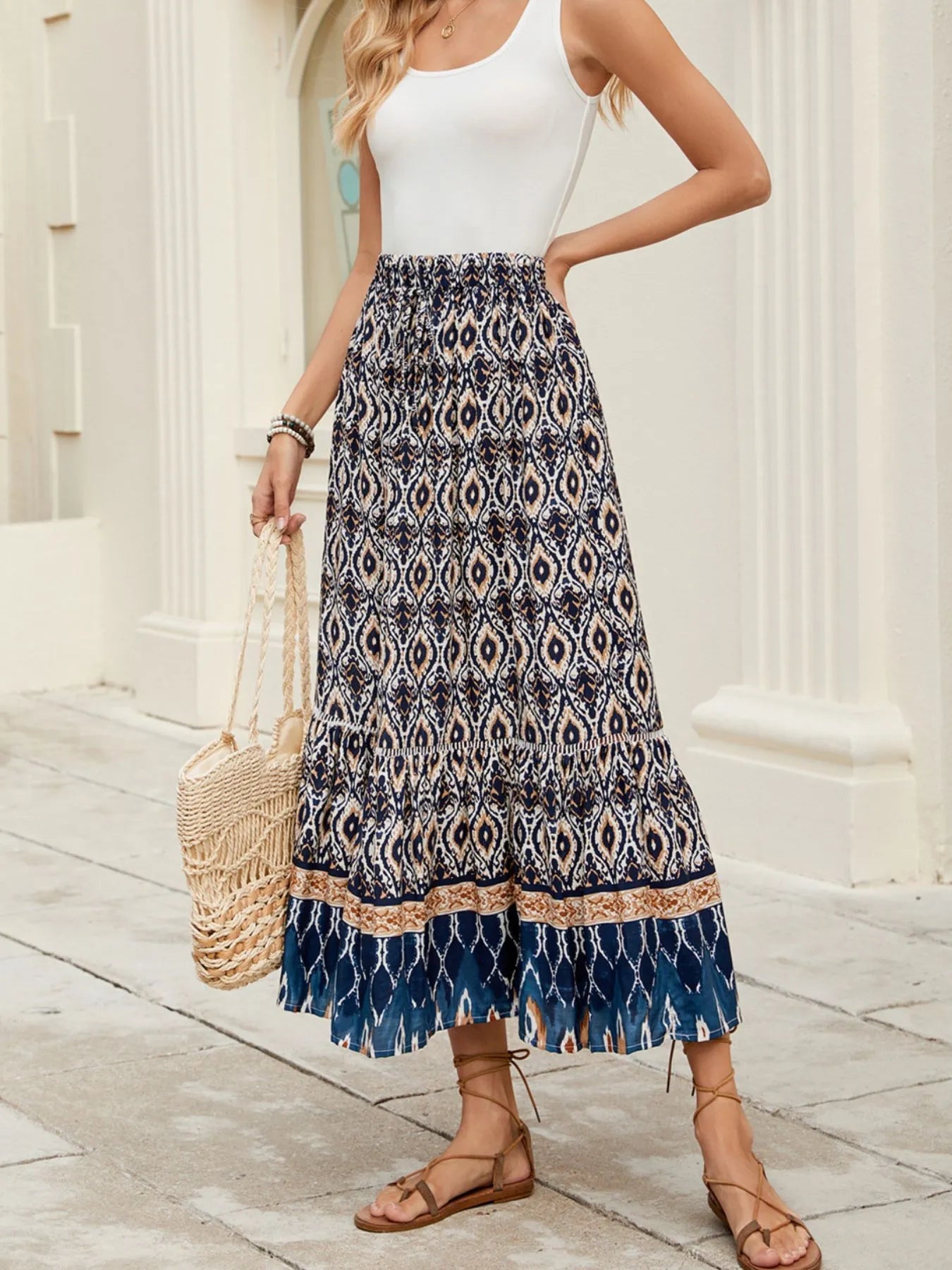 Printed Ruched Bohemian Maxi Skirt - Be Bliss Boutique