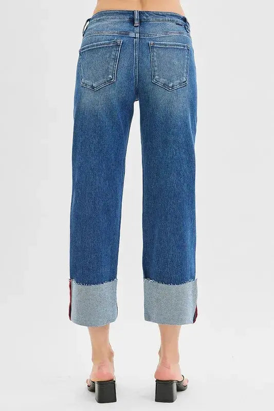 Full Size/Plus Size Tummy Control Mid Rise Crop Wide Cuffed RISEN Jeans - Be Bliss Boutique