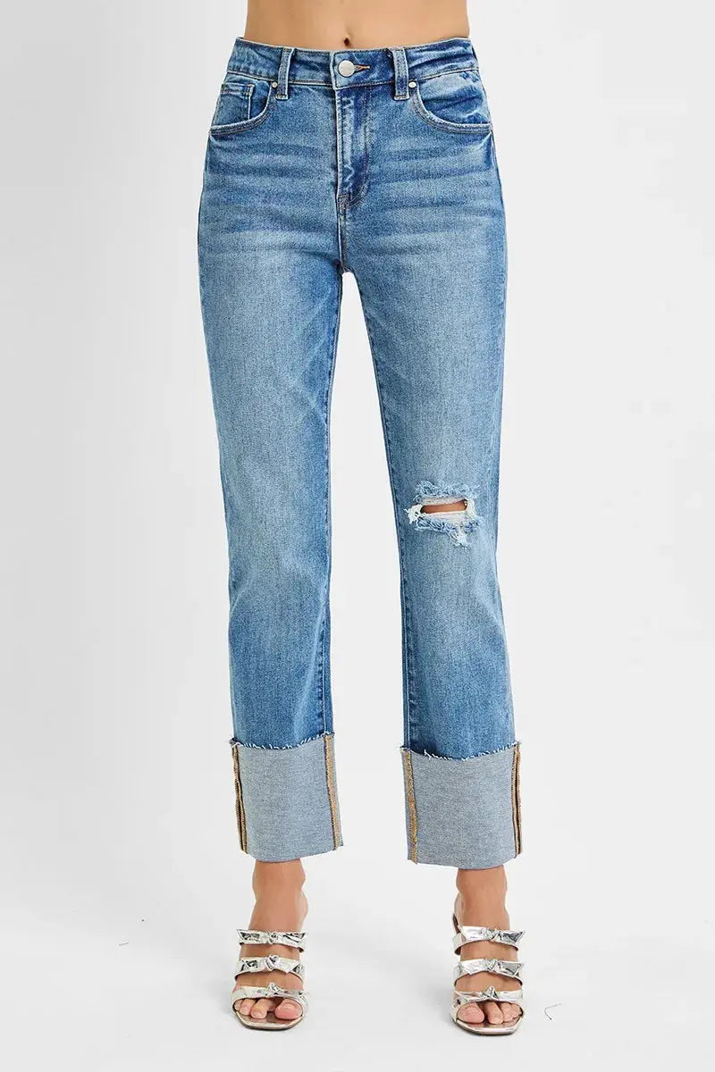 RISEN Jeans - Plus Size High Rise Straight Wide Cuffed Jeans - Be Bliss Boutique