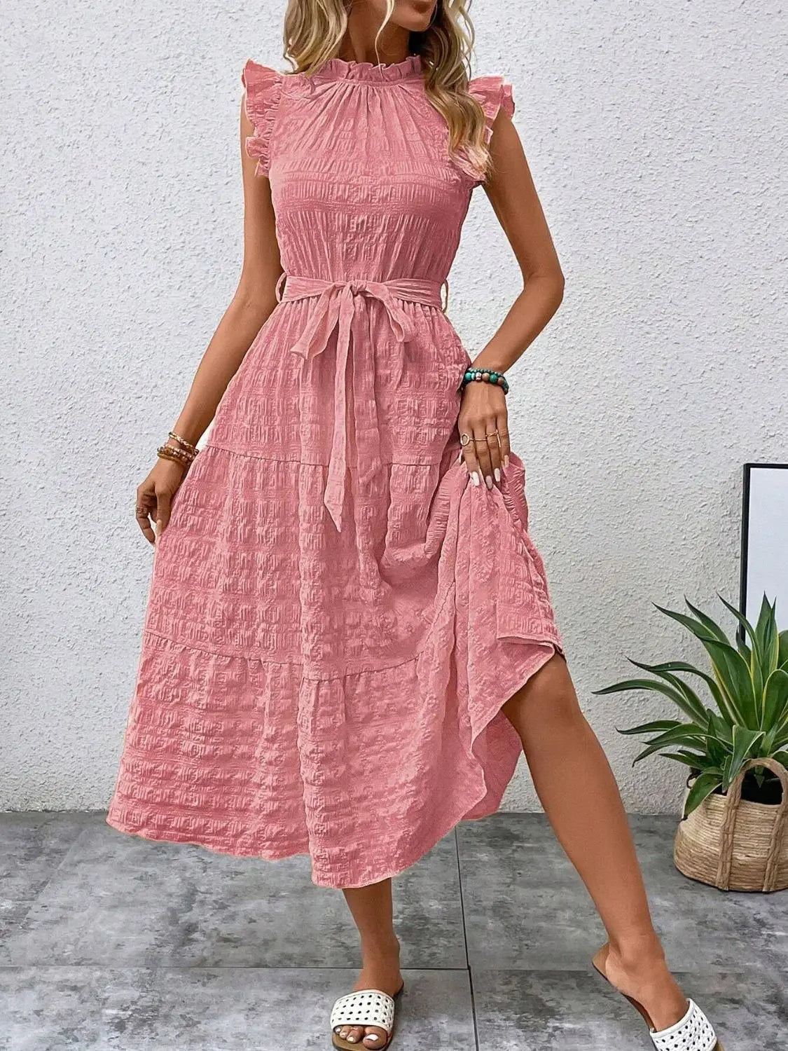 Tied Ruffled Cap Sleeve Midi Dress - Be Bliss Boutique