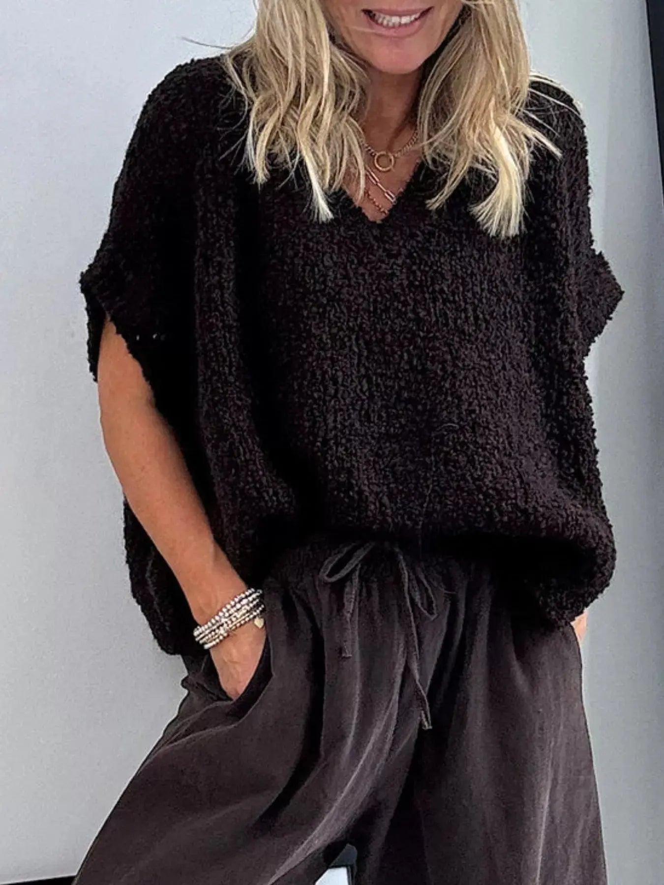 Textured Knit V Neck Sweater - Be Bliss Boutique