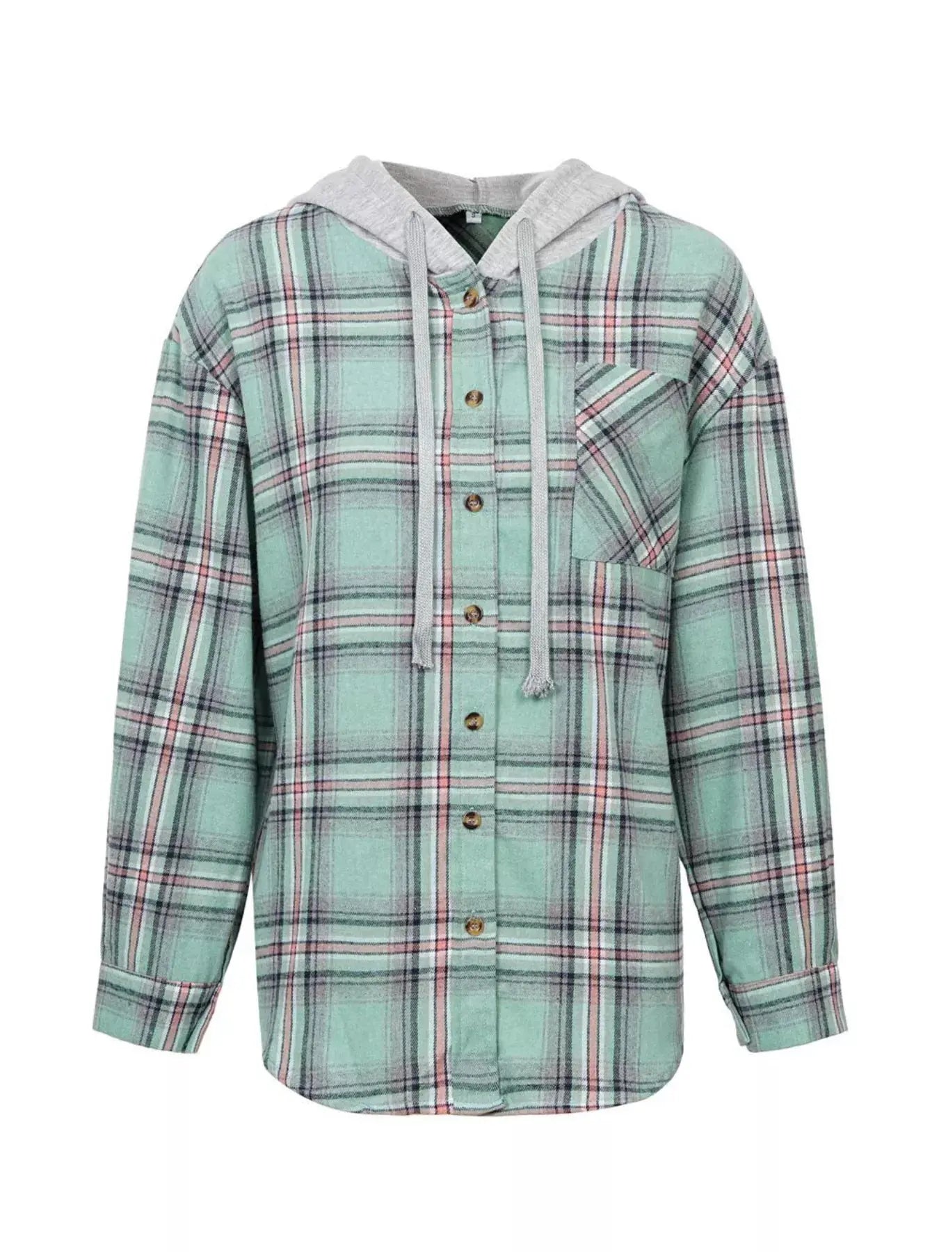 Plaid Button-Up Oversized Hooded Shirt with Chest Pocket - Be Bliss Boutique