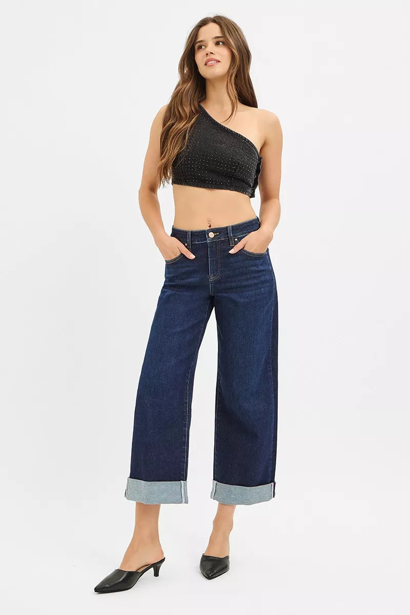 RISEN Mid Rise Fit Ankle Wide Roll Up Jeans - Be Bliss Boutique
