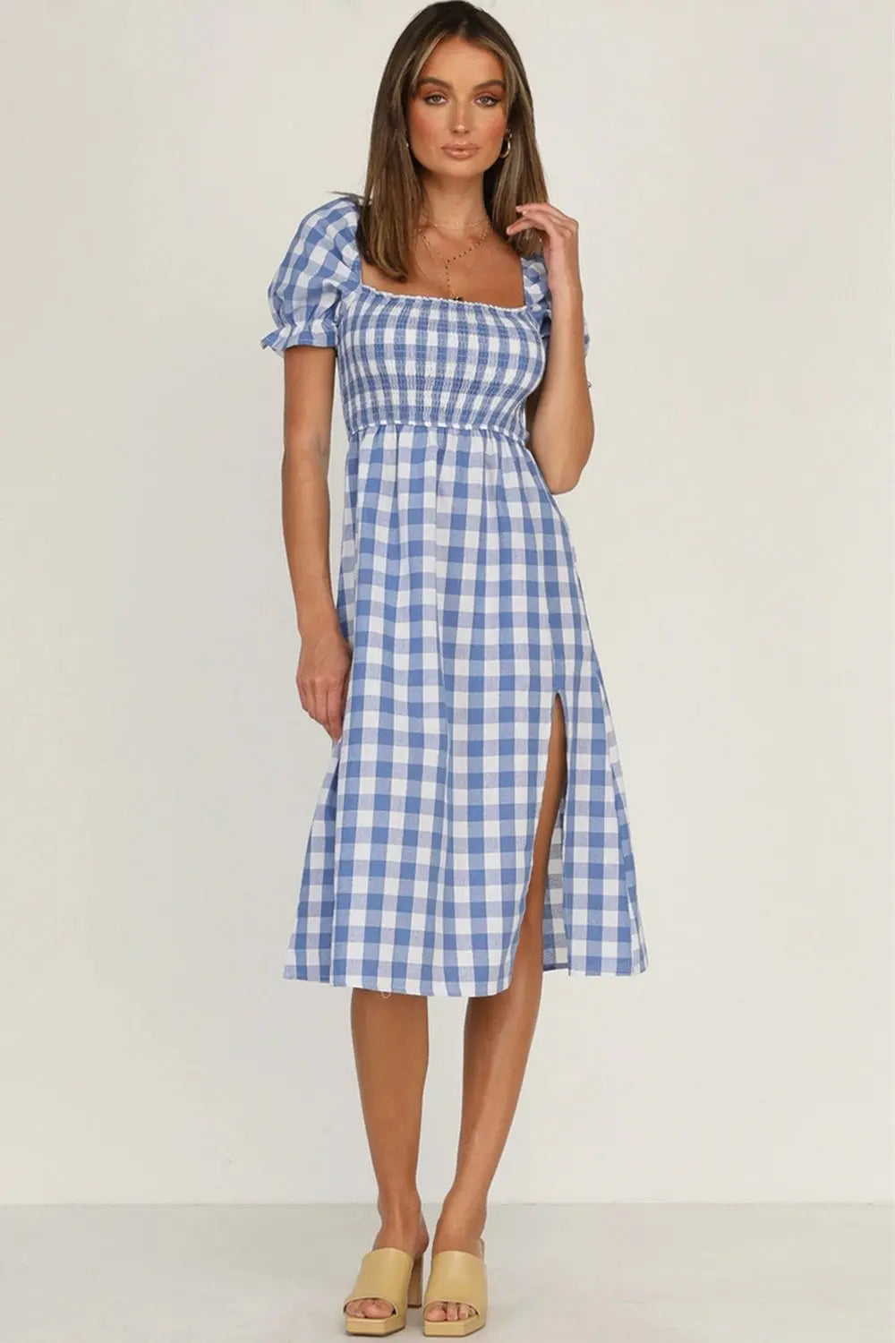 Full Size Slit Plaid Short Sleeve Midi Dress - Be Bliss Boutique
