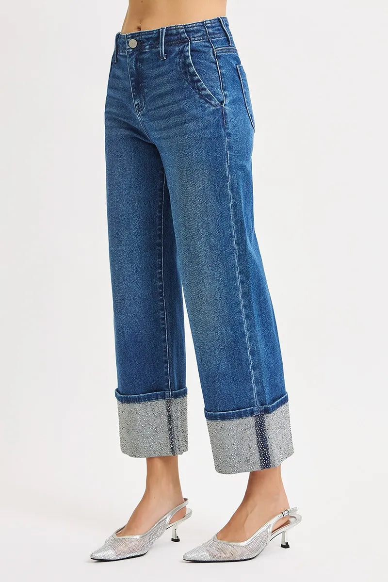 RISEN Jeans - High Rise Wide Leg Rhinestone Cuffed Jeans - Be Bliss Boutique