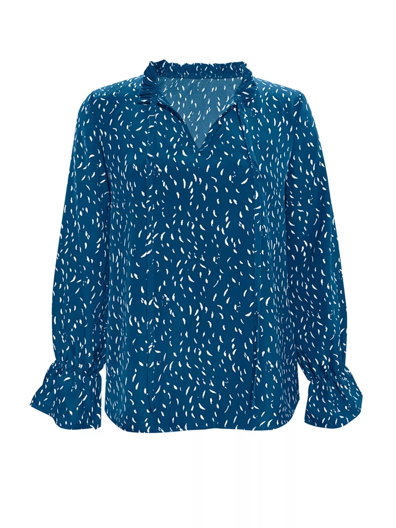 Ruffled Printed Tie Neck Long Sleeve Blouse - Be Bliss Boutique