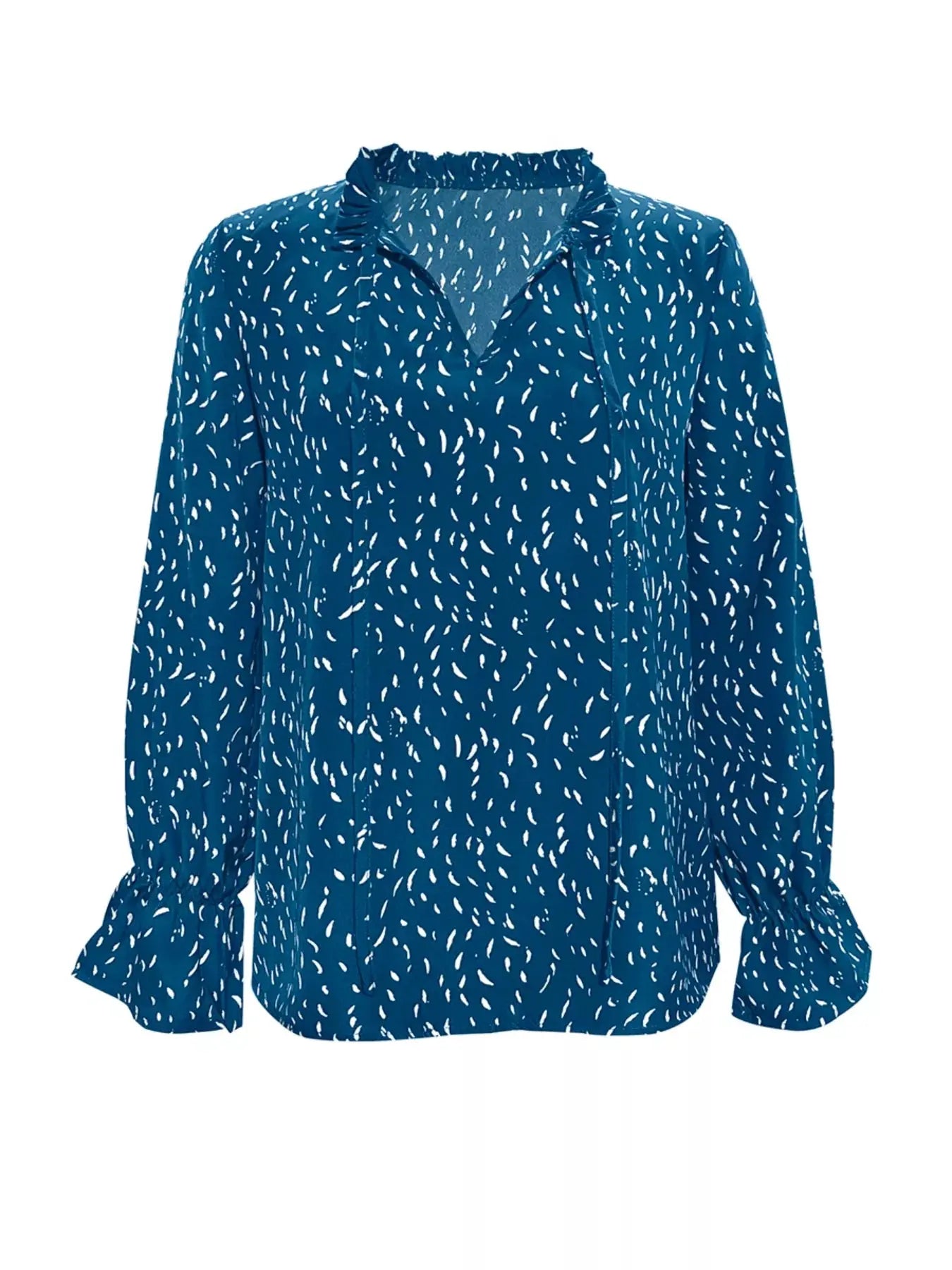 Ruffled Printed Tie Neck Long Sleeve Blouse - Be Bliss Boutique