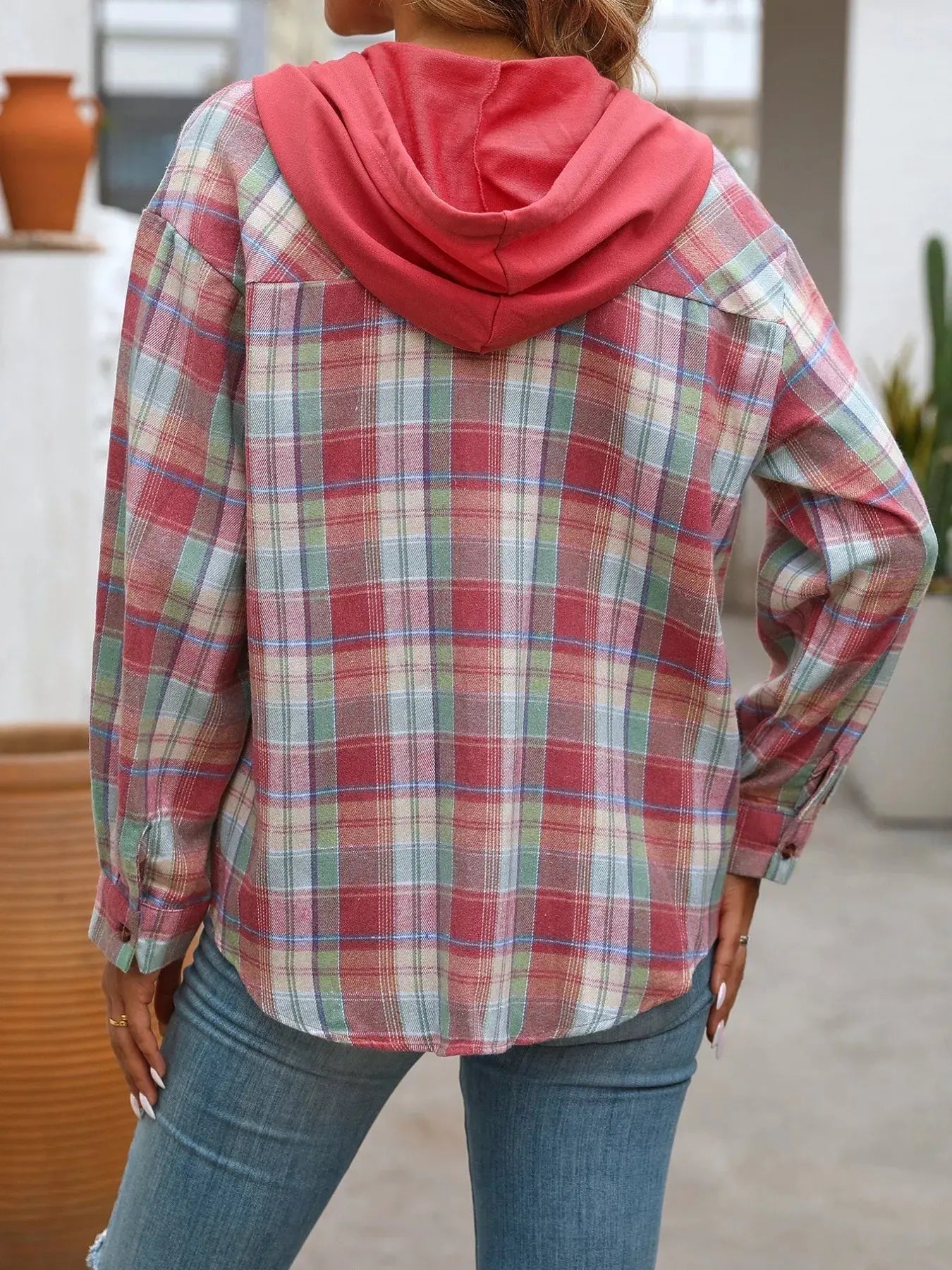 Plaid Button-Up Oversized Hooded Shirt with Chest Pocket - Be Bliss Boutique