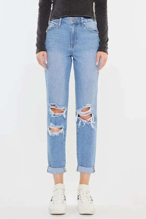 Kancan High Rise Distressed Mom Jeans - Be Bliss Boutique