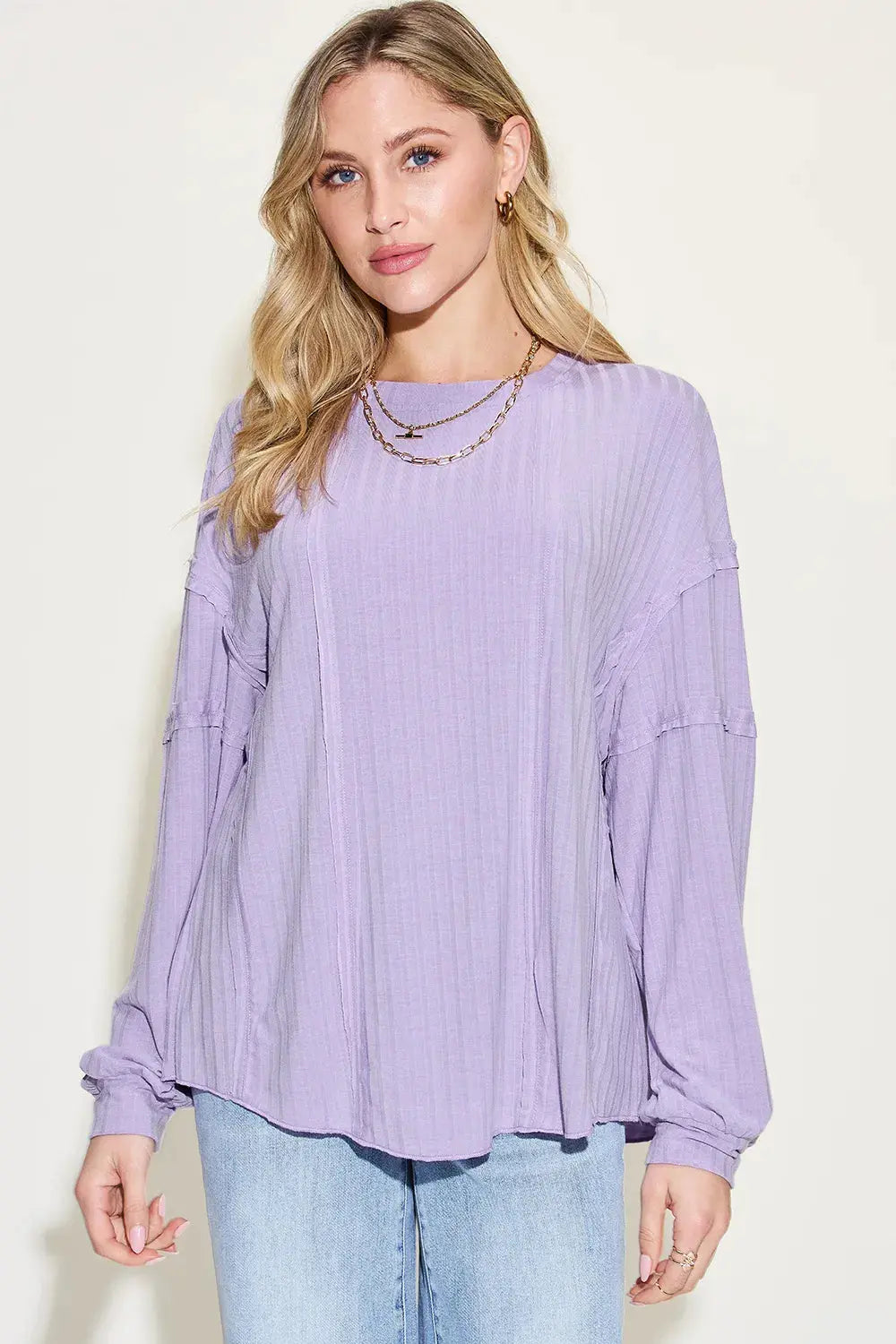 Basic Bae Full Size Round Neck Ribbed Long Sleeve T Shirt - Be Bliss Boutique