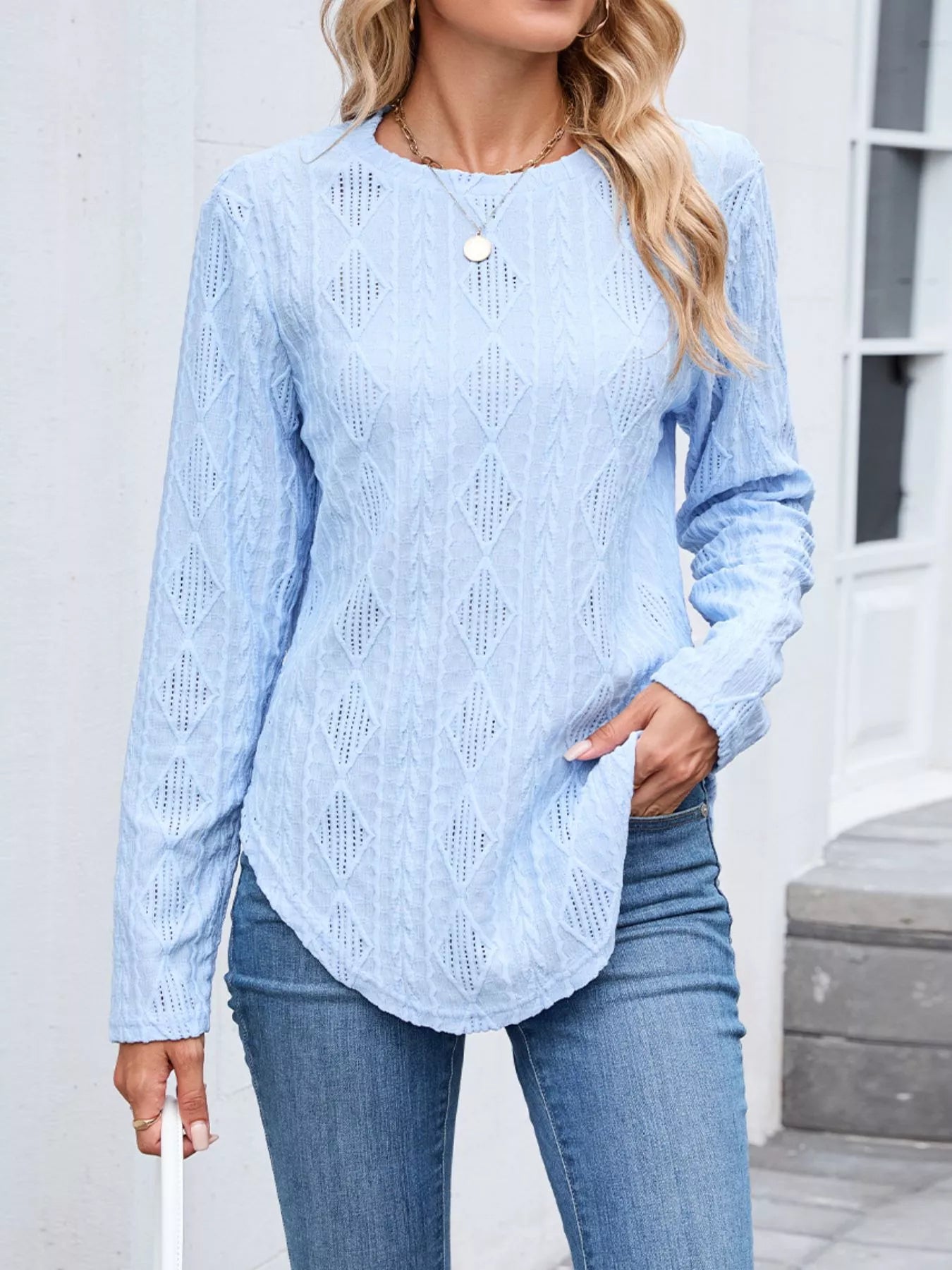 Openwork Textured Long Sleeve Top - Be Bliss Boutique