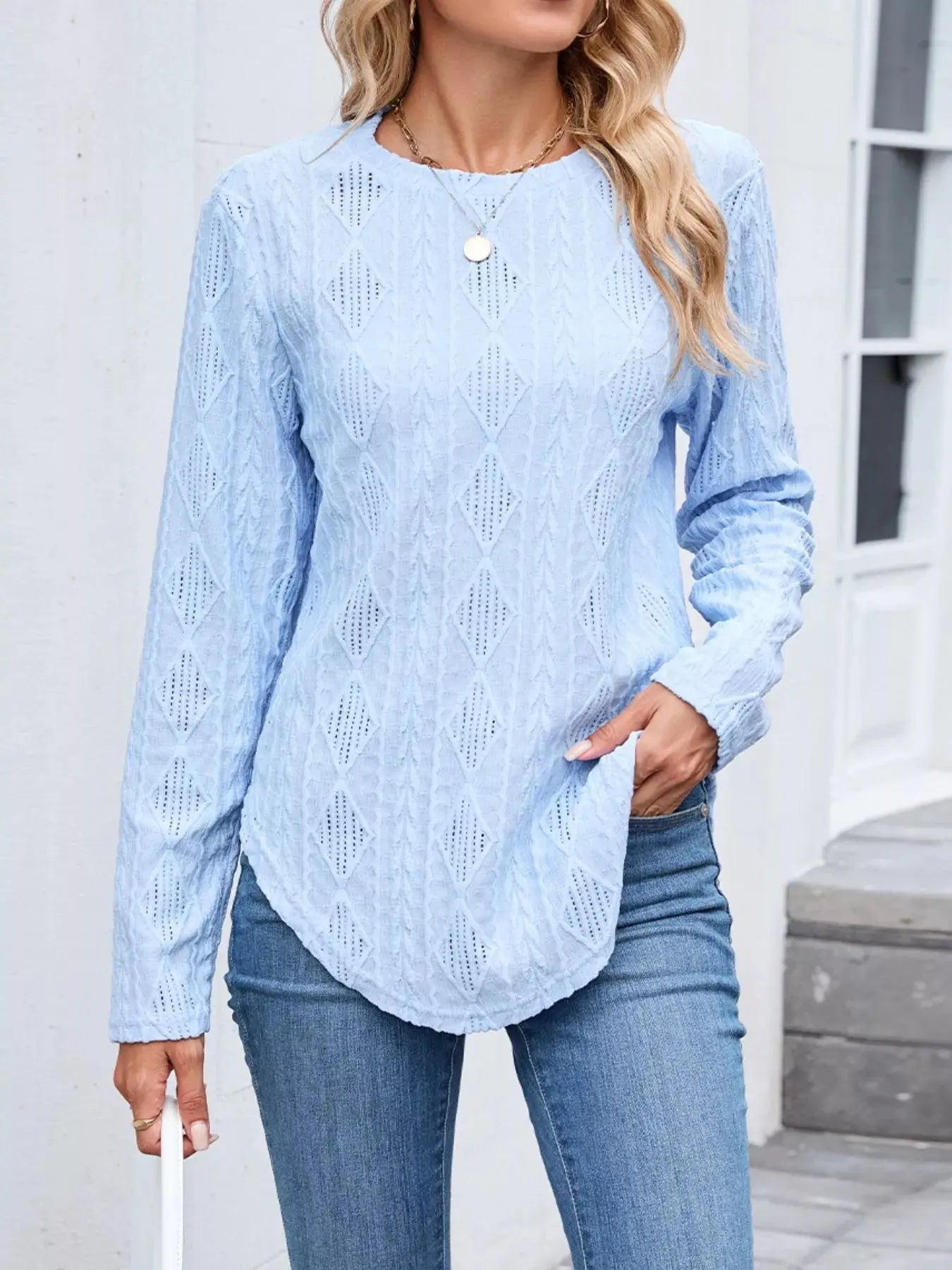 Openwork Textured Long Sleeve Top - Be Bliss Boutique