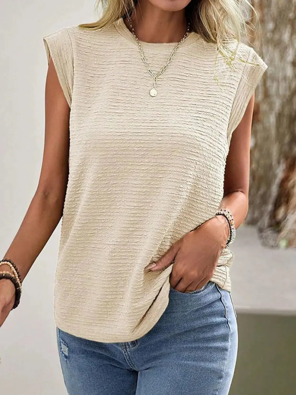 Textured Round Neck Cap Sleeve Top - Be Bliss Boutique