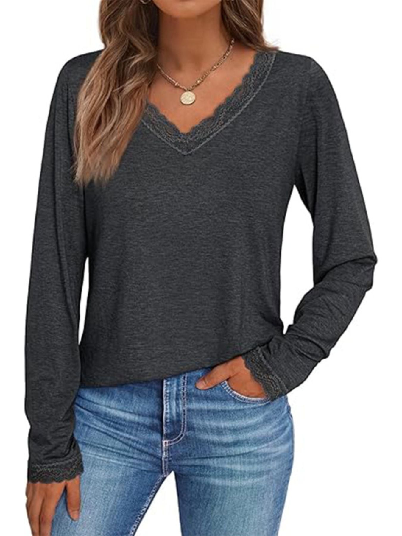 Women's Lace Trim V Neck Long Sleeve Top - Be Bliss Boutique