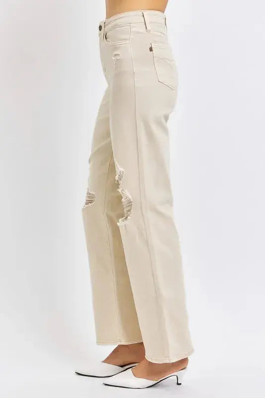 Bone Full/Plus Size High Waist Distressed Wide Leg Judy Blue Jeans - Be Bliss Boutique